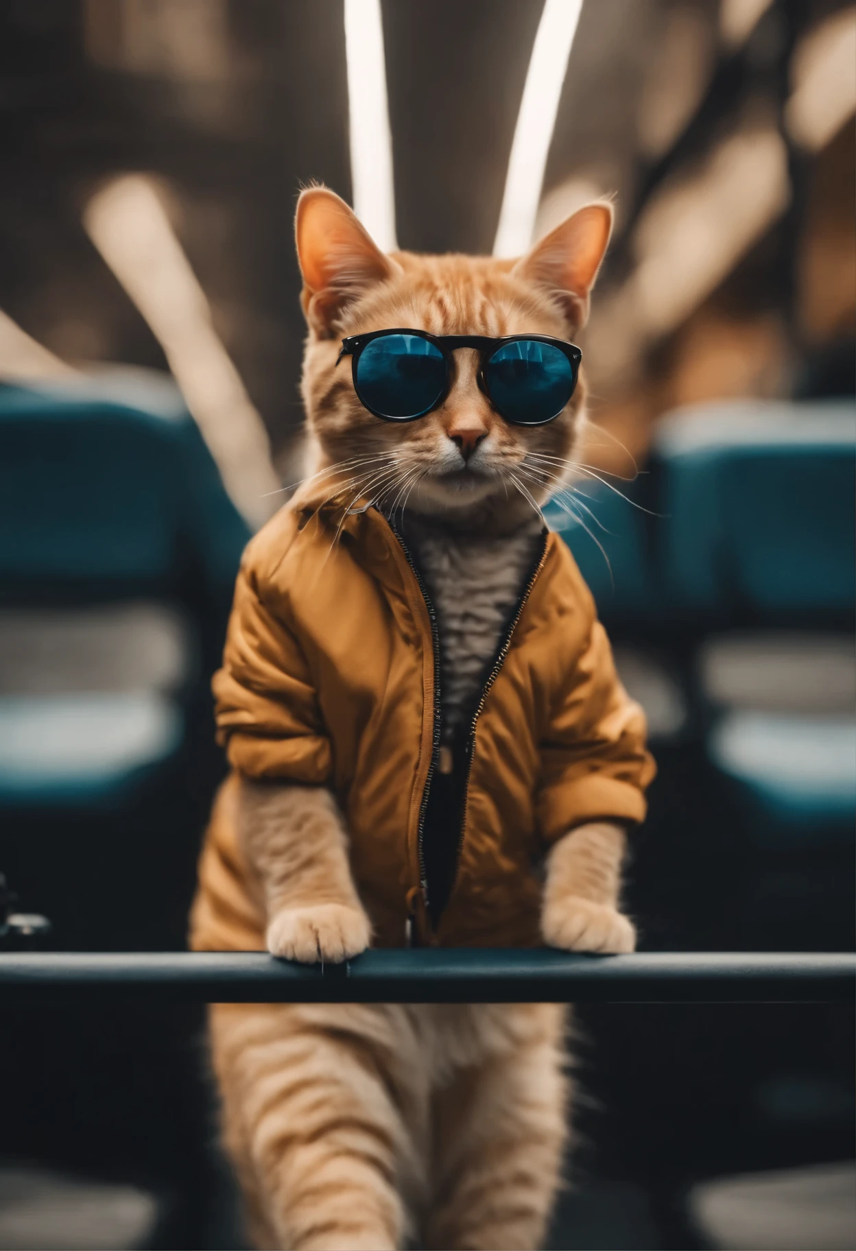 perfect centering, cute cat, wear a jacket, wearing sunglasses, wear headphones, cheerfulness, Standing position, abstract beauty, in the center, looking at camera, towards the camera, approaching perfection, dynamic, very detailed, Smooth, sharp focus, 8k