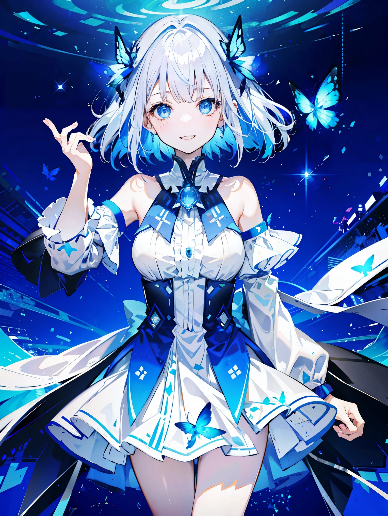 1 girl，  e blue eyes， shift dress， blue dress， gray hair，blue butterfly flying， Reman， particles of light， Keep your mouth open，big smile、 in the room， gem， No sleeve， bare shoulders， by bangs，beautiful and fine eyes， Detailed background，