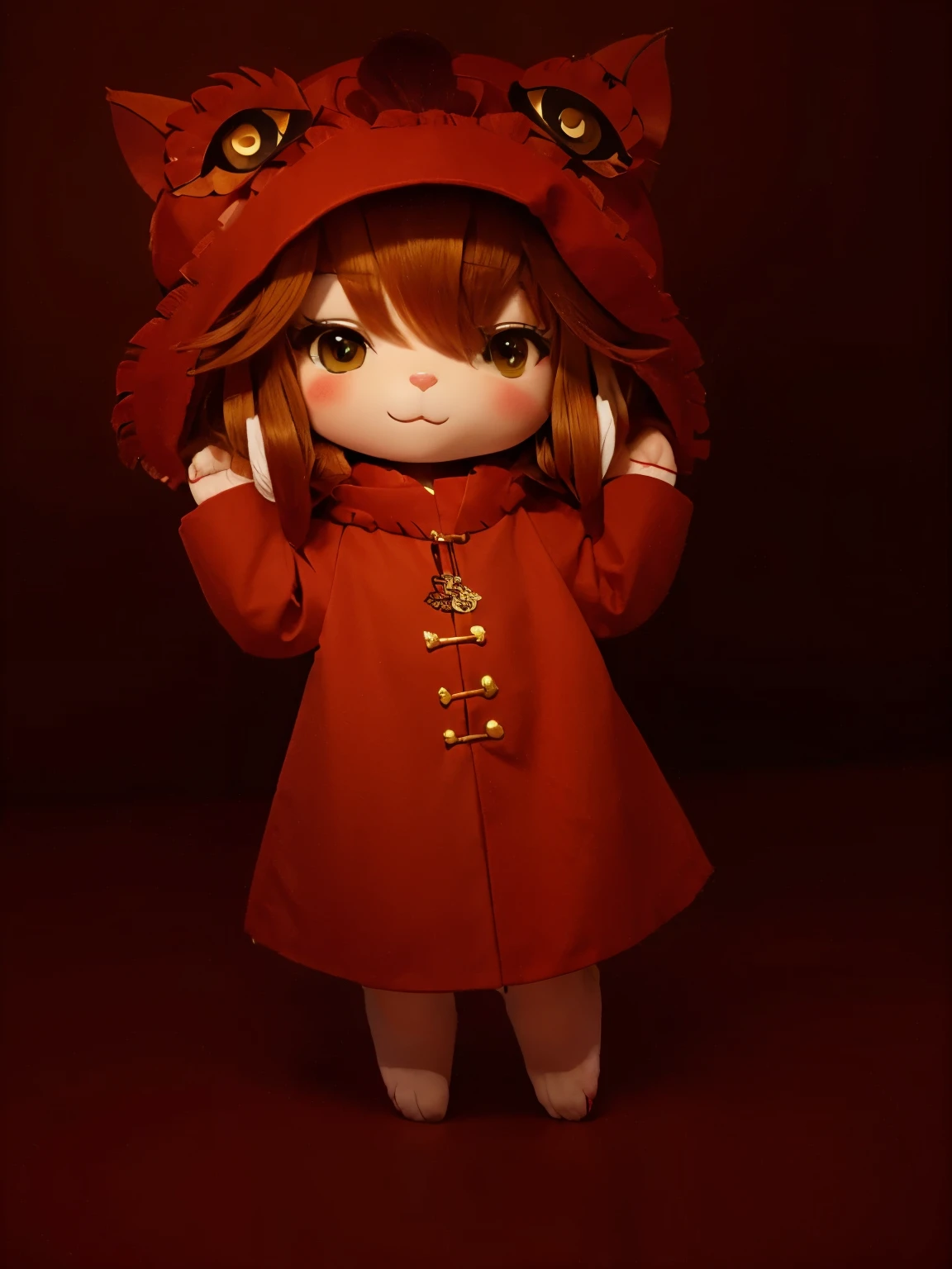 wearing a red lion dance headpiece,dressed in a red coat,with 'golden' cat-like har, and 'white 'cat paws for hands and feet,2d draw style
