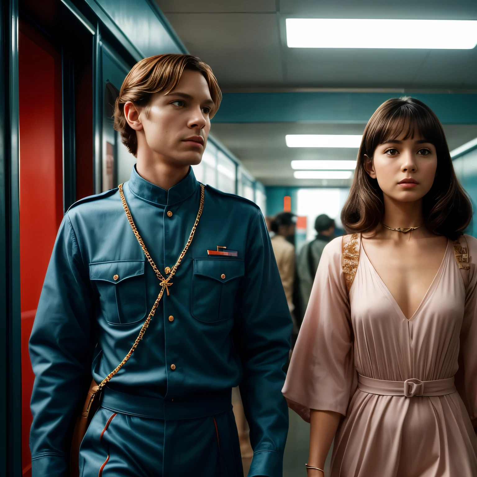 4k images from 1970s science fiction movies, real picture, wes anderson style, pastel colors, Man between two women wearing retro futuristic fashion clothes and futuristic technology decorations and equipment, Natural light, ish, Psychedelic, weird futuristic, retrofuturism,