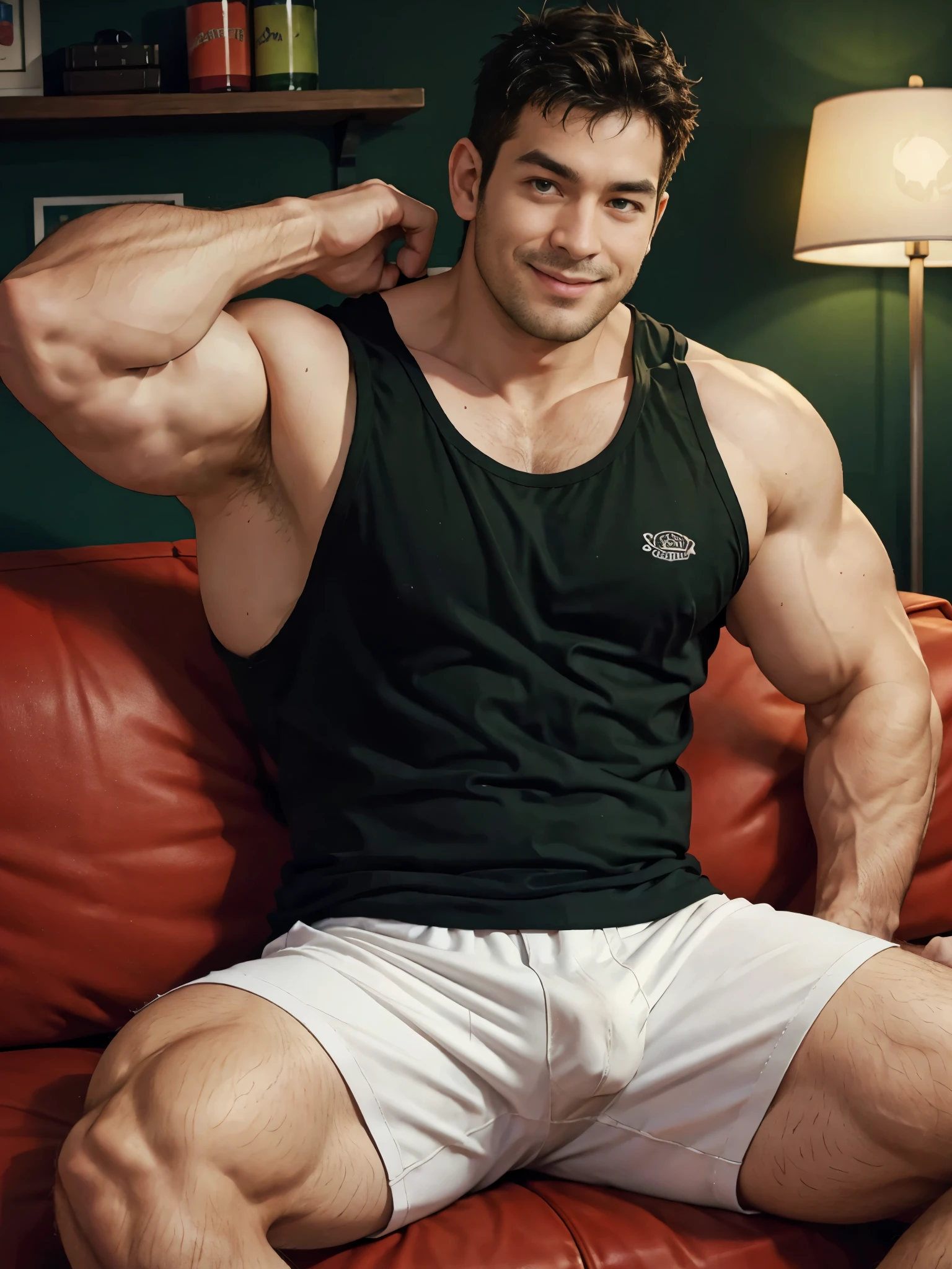35 year old man, muscular, chubby, japanbearkong, facing the viewer, erotic smile, green tank top, white shorts, sitting on a red sofa,