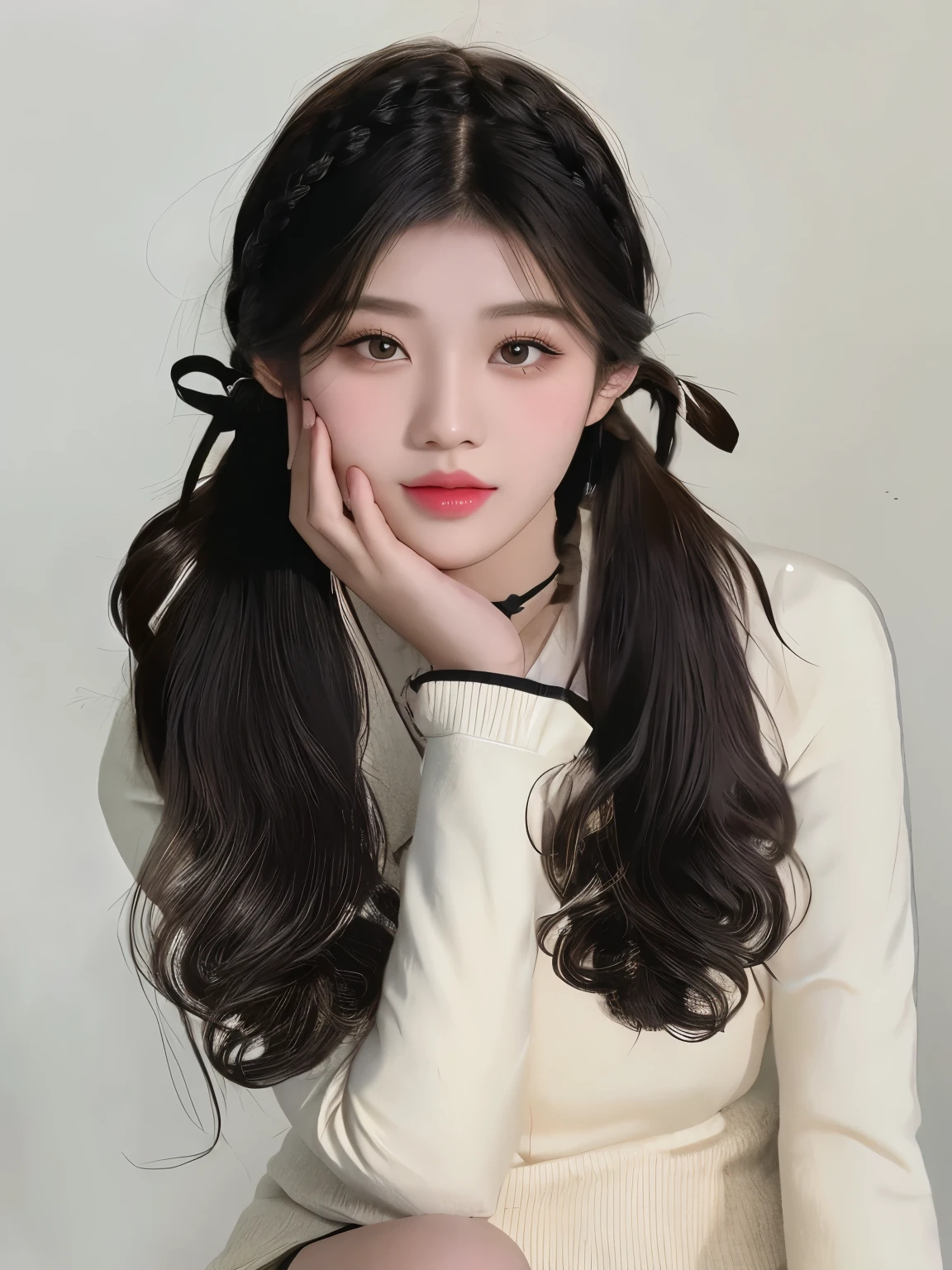 Asian woman with twin tails, braid hair style, Double ponytail hairstyle, two braid hair style, Black hairband for long curly hair, asian girl long hair, Urzan, 