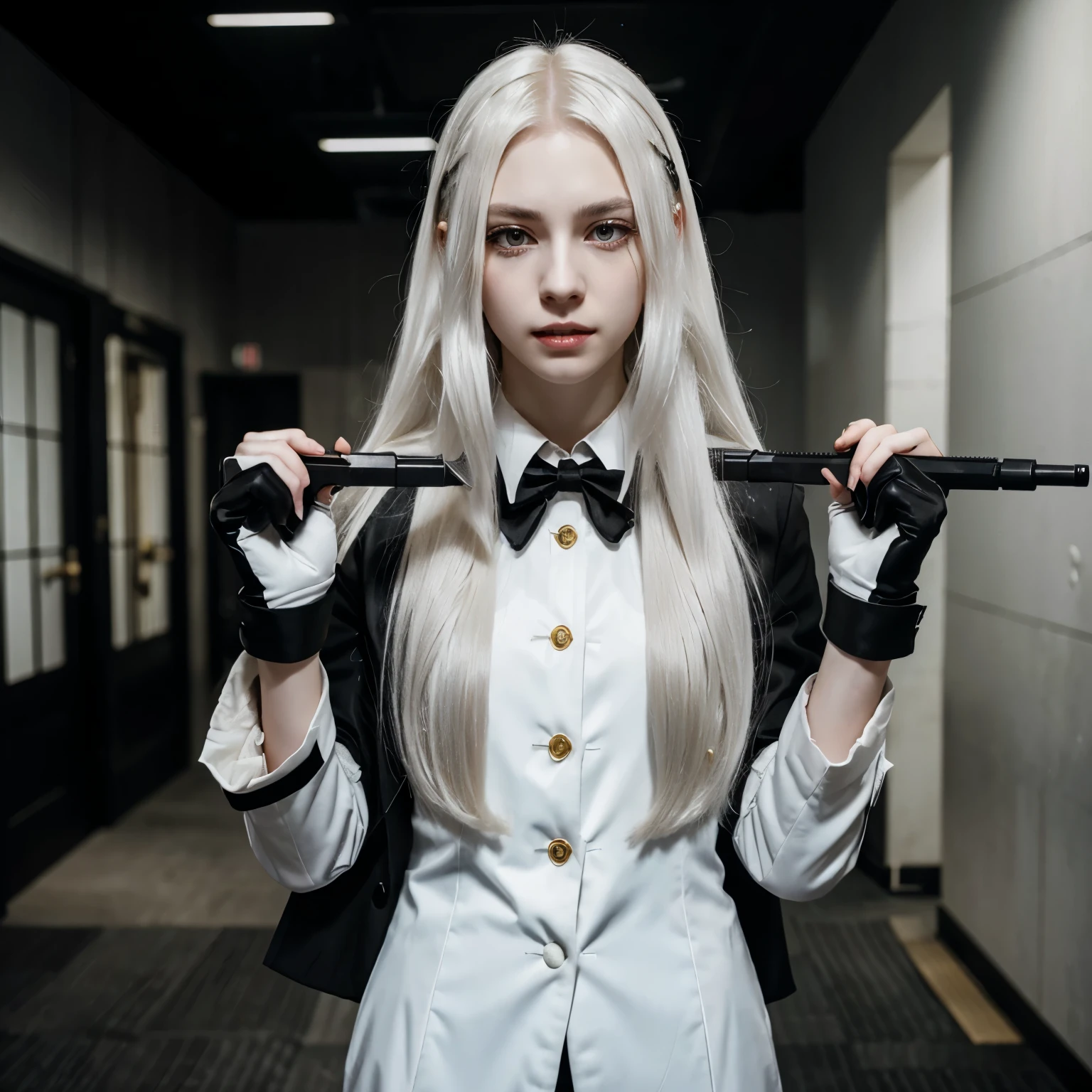 White long hair, pale skin, black and white suit, black gloves, golden eyes, black eyelashes, sharp teeth, white teeth, holding two guns in hands, Anime, Boy