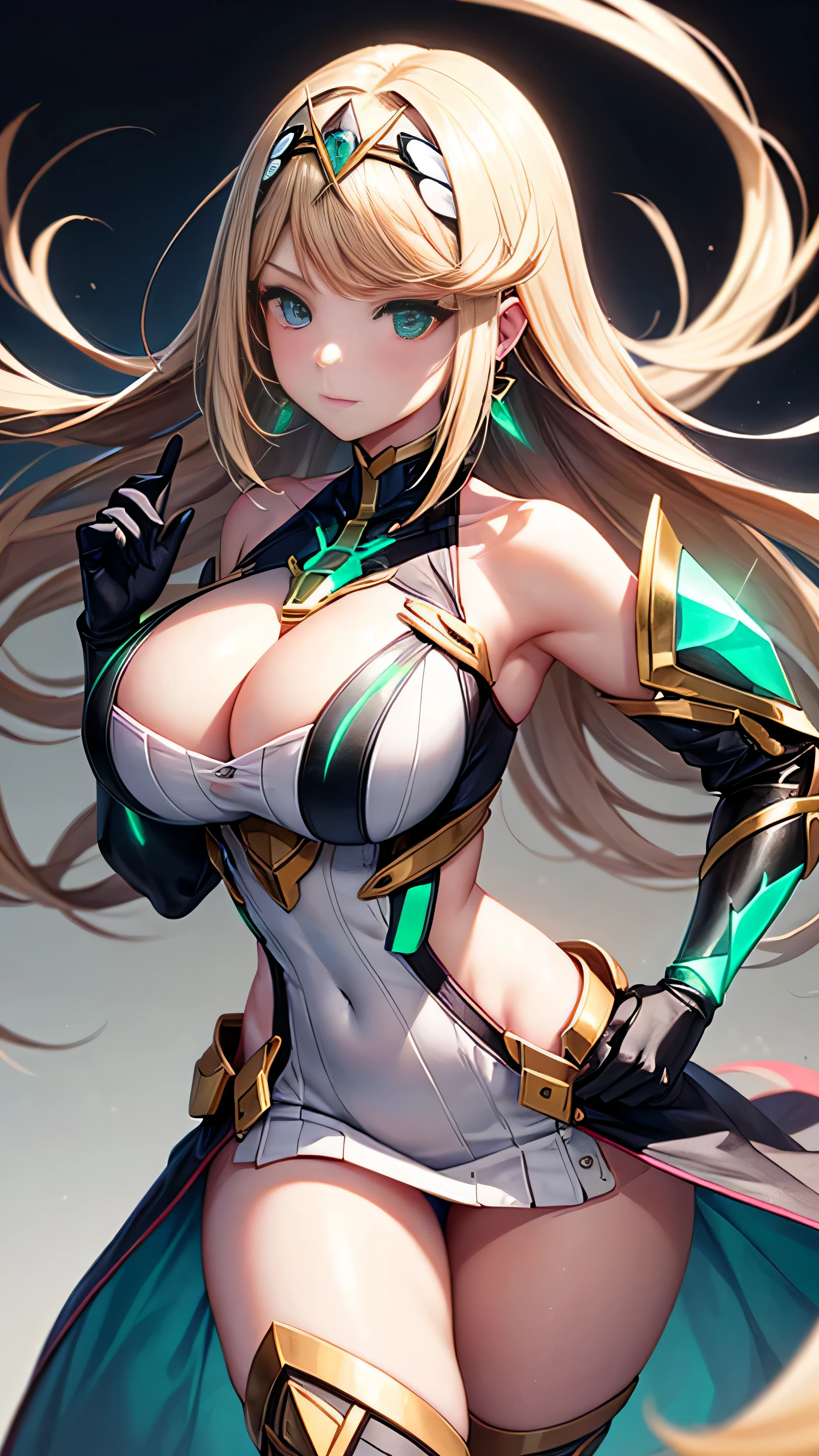 mythra \(xenoblade\), 1girl, armor, bangs, bare shoulders, blonde hair, huge_breasts, cleavage, closed mouth, dress, earrings, elbow gloves, eyelashes, floating hair, gem, gloves, hair ornament, hairband, headpiece, jewelry, large breasts, leaning back