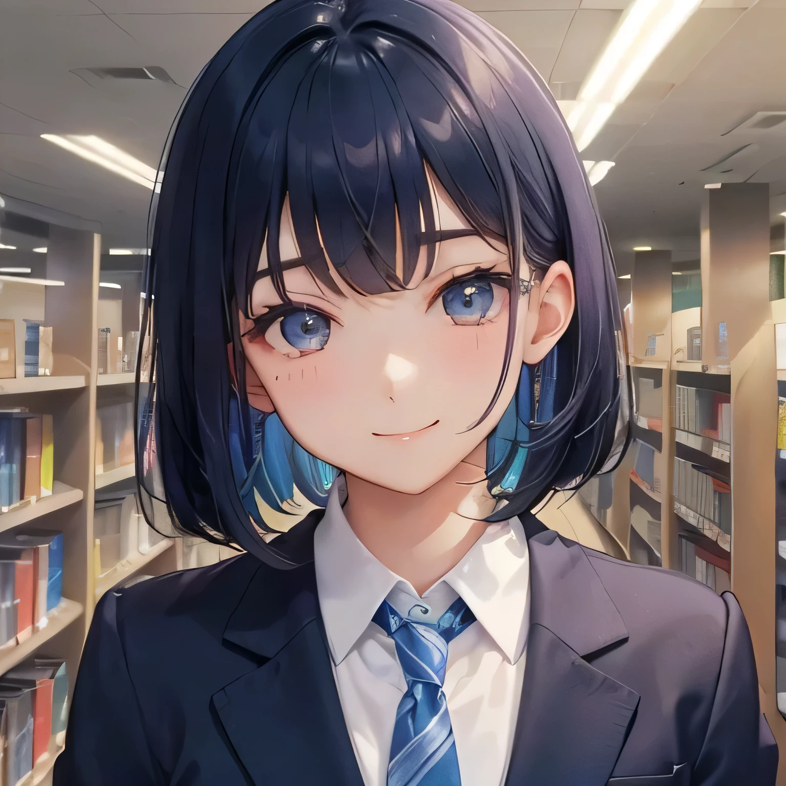 high school girl blazer bob dark blue hair color Clear type School Library smile gently