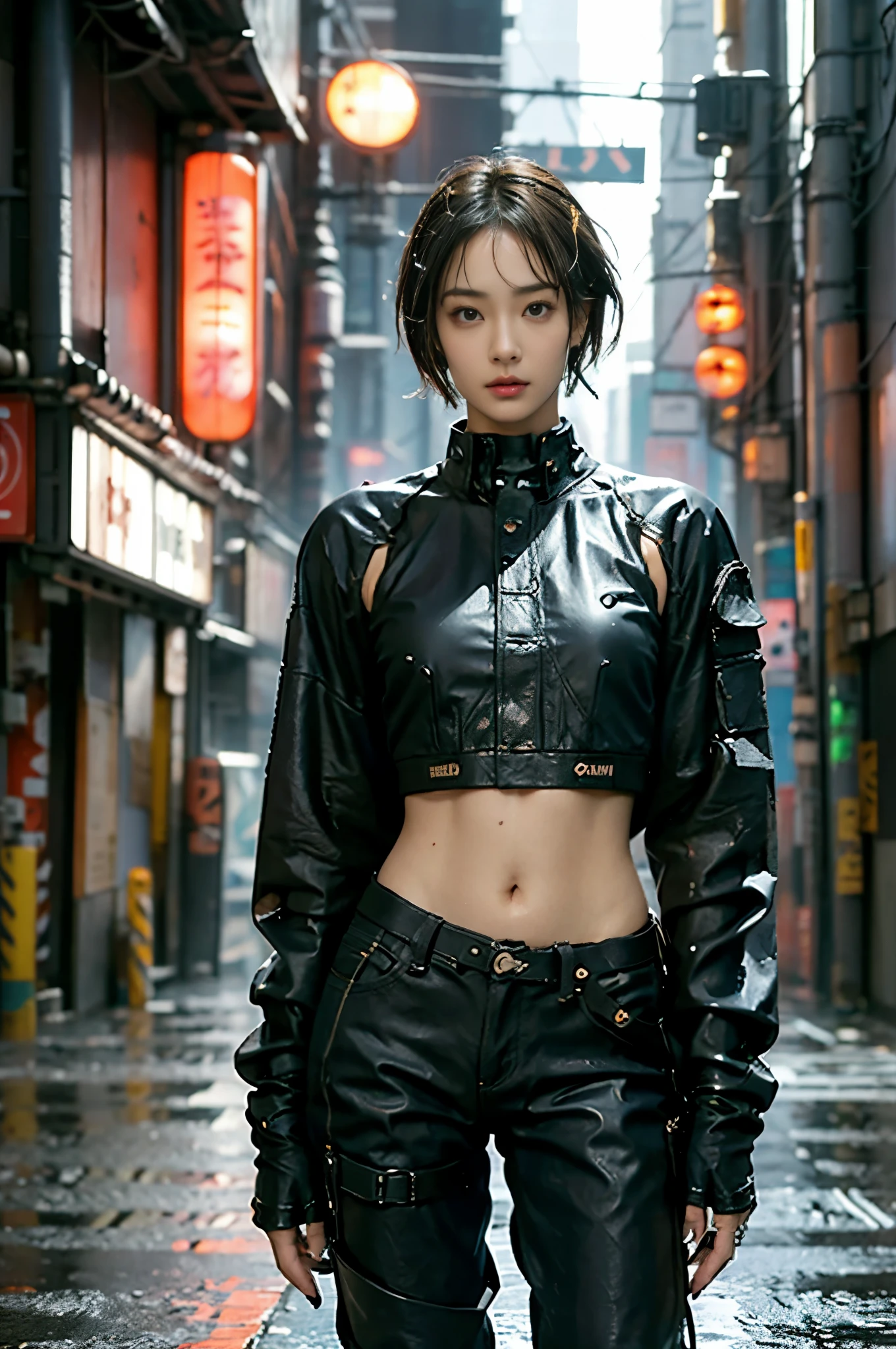 (masterpiece:1.2), (actual, photo actual:1.37), perfect anatomy, Very detailed background, skin shiny, (famous japanese actress:1.5), (promote), flat chest, brown people, dark skin, blond, (very short hair:1.2), light, (any posture:1.5), Cowboy shooting, jeans, (urban tech wear:1.5), (wet hair, a damp cloth, water drops on skin:1.1), (Cyberpunk City, neon, laser:1.3),