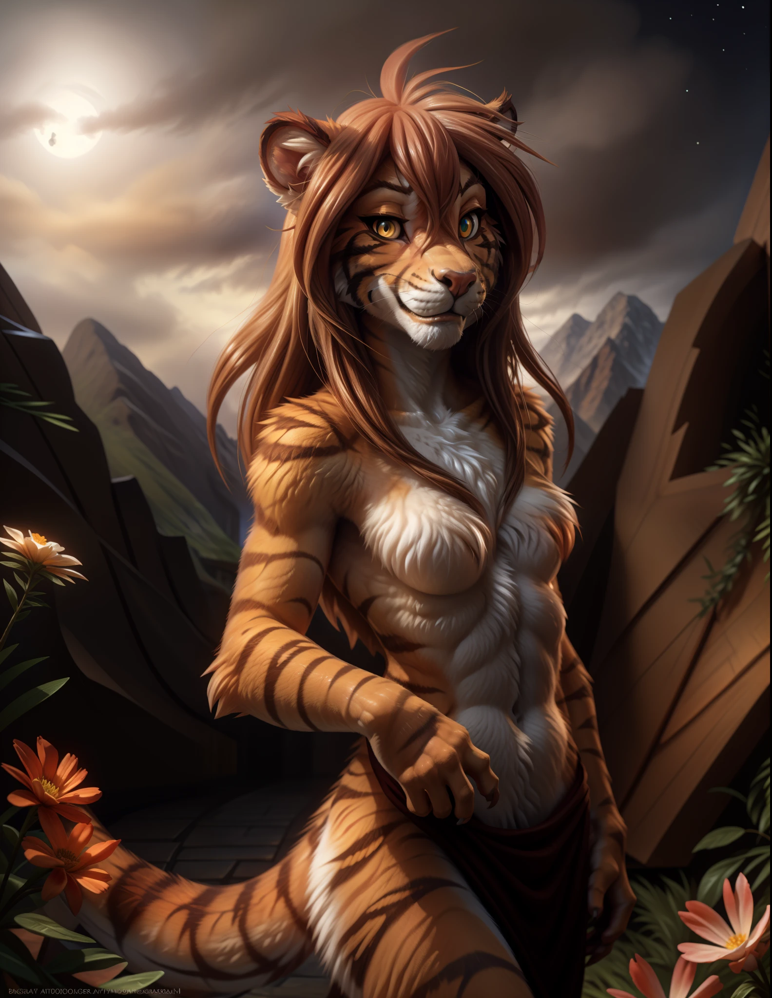 Flora Twokinds,1girl,animal ears,furry female,tiger tail,yellow eyes,tiger girl,solo,, orange fur,body fur, small breasts, white belly and chest area, black stripes,(Anime:1.3),Cartoon(,Masterpiece:1.4),8k,best quality,good hands Looking at viewer, posing,simple background,beautiful,correct anatomy, (by Tom Fischbach:1.3),, looking at viewer, best quality, shaded, extreme detail, highly detailed, long hair, smile, ultra detailed, intricate, beautiful eyes, detailed face, good anatomy, Perfect eyes, tail up, standing, hands, night, fog, flower, best quality, shaded, extreme detail, highly detailed, ultradetailed, intricate, realistic, detailed background, hi res, realistic, photography \(artwork\), (by kenket), by ross tran, by michael & inessa garmash, by pino daeni, by isvoc, by kiguri, by alena aenami, by ruan jia, (by zenthetiger, by wolfy-nail), by Enki Bilal, by drmax, photorealism, bright and rich colors, rendered by unreal engine, realistic, detailed background, hi res, realistic, photography \(artwork\), (by kenket), by ross tran, by michael & inessa garmash, by pino daeni, by isvoc, by kiguri, by alena aenami, by ruan jia, (by zenthetiger, by wolfy-nail), by Enki Bilal, by drmax, hioshiru, butt, looks at the camera, in mountains , galaxy-themed hunting, top angle view, 