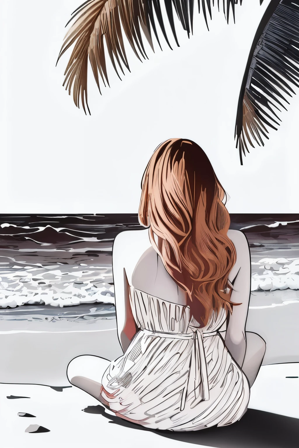 A painting of a woman sitting on the beach and looking at the sea, in style of digital illustration, girl looking at the ocean waves, stylized digital illustration, digital art images, high contrast illustration, in the style of digital painting, digital illustration, glossy digital painting, digital illustration, elegant digital art, cartoon digital painting, Amazing digital art with great attention to detail