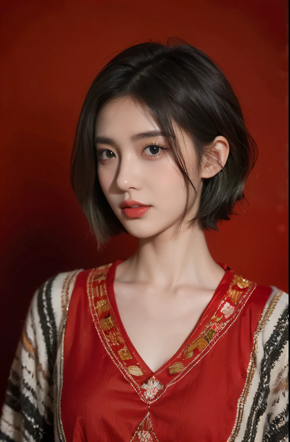 21yo girl, green hair, (Short Hair). Java traditional style, Red background.