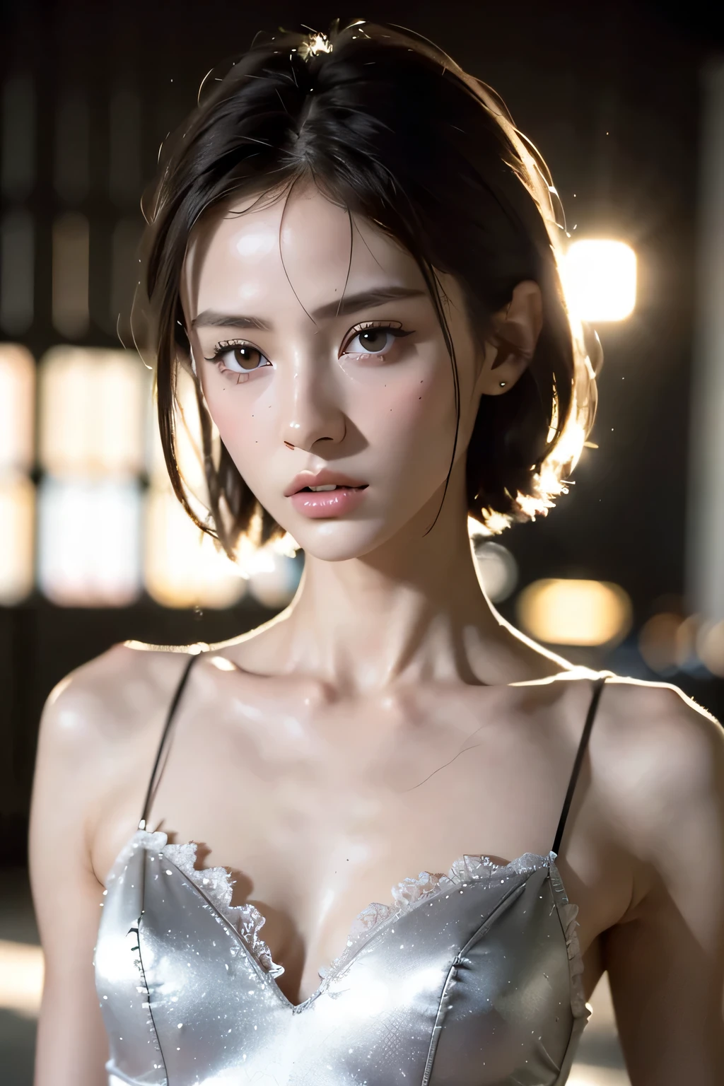 8k、High resolution、B girl fashion、beautiful girl、slender body、young、colorful costumes、white skin,narrow eyes,high nose,lighting that illuminates the face、clear image、intellectual beauty、Eyes staring straight ahead、skinny、no makeup、Black Lace Costume、short hair、anxious look、close-up image、When the light hits your face, Clearly visible,Shopping mall、wear fur,shining hair、