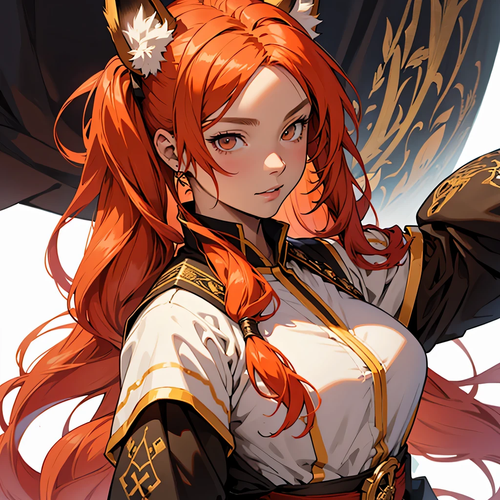 anime medieval art, masterpiece, best quality, by professional artist, 1girl, female, solo, upper body portrait, detailed composition, detailed eyes, plain white background, red orange hair, pigtails, brown eyes, wizard, wearing royal magical clothes, fox ears