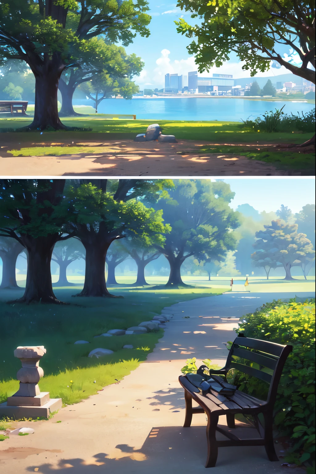 "(best quality,4k,8k,highres,masterpiece:1.2),ultra-detailed,realistic,photorealistic:1.37,landscape,sculptures in the park,many trees in the background,stone bench in the center,miniature stone sculptures"