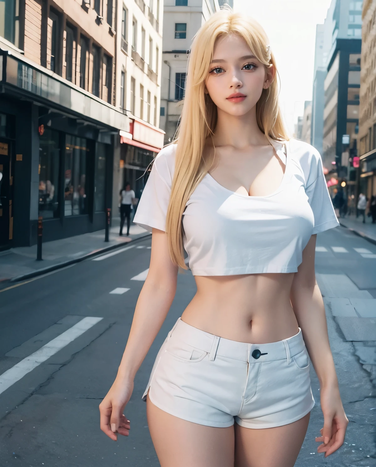 1girl, (Blue Eyes), (smiling :1.2), (Sana Minatozaki), (beautiful makeup :1.2), wide hips, Big tits, big ass, (Best Quality, 8k, Masterpiece: 1.3), Clear Focus: 1.2, Perfect Body Beauty: 1.4, strong abs, Highly detailed face and skin texture, detailed eyes, double eyelids, (blond long straight hair :1.3), (cleavage white t-shirt), (black jeans :1.3), fox ears, close-up, standing, dynamic pose, in a city at night, buildings illuminated by signs in the background