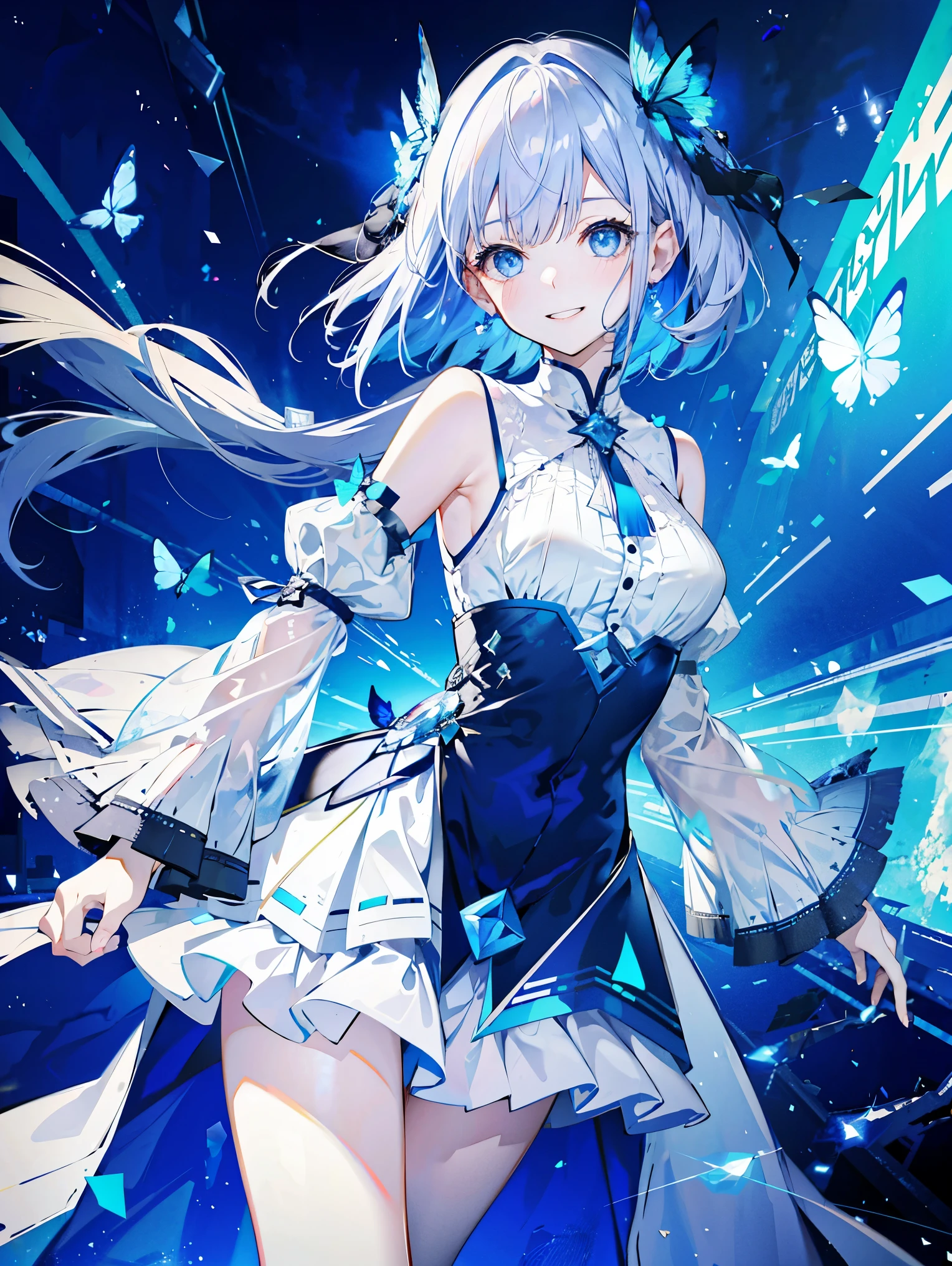 1 girl，  e blue eyes， shift dress， blue dress， gray hair，blue butterfly flying，grin with pleasure、 Reman， particles of light， please open your mouth， in the room， gem， No sleeve， bare shoulders， by bangs，beautiful and fine eyes， Detailed background，