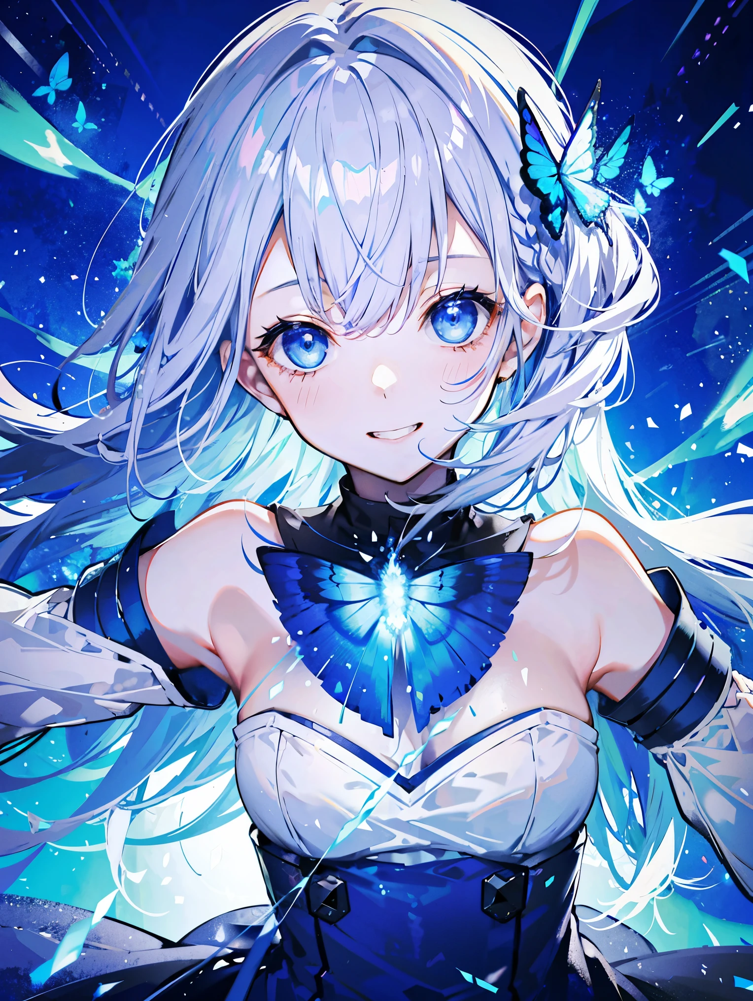 1 girl，  e blue eyes， shift dress， blue dress， gray hair，blue butterfly flying，grin with pleasure、 Reman， particles of light， please open your mouth， in the room， gem， No sleeve， bare shoulders， by bangs，beautiful and fine eyes， Detailed background，