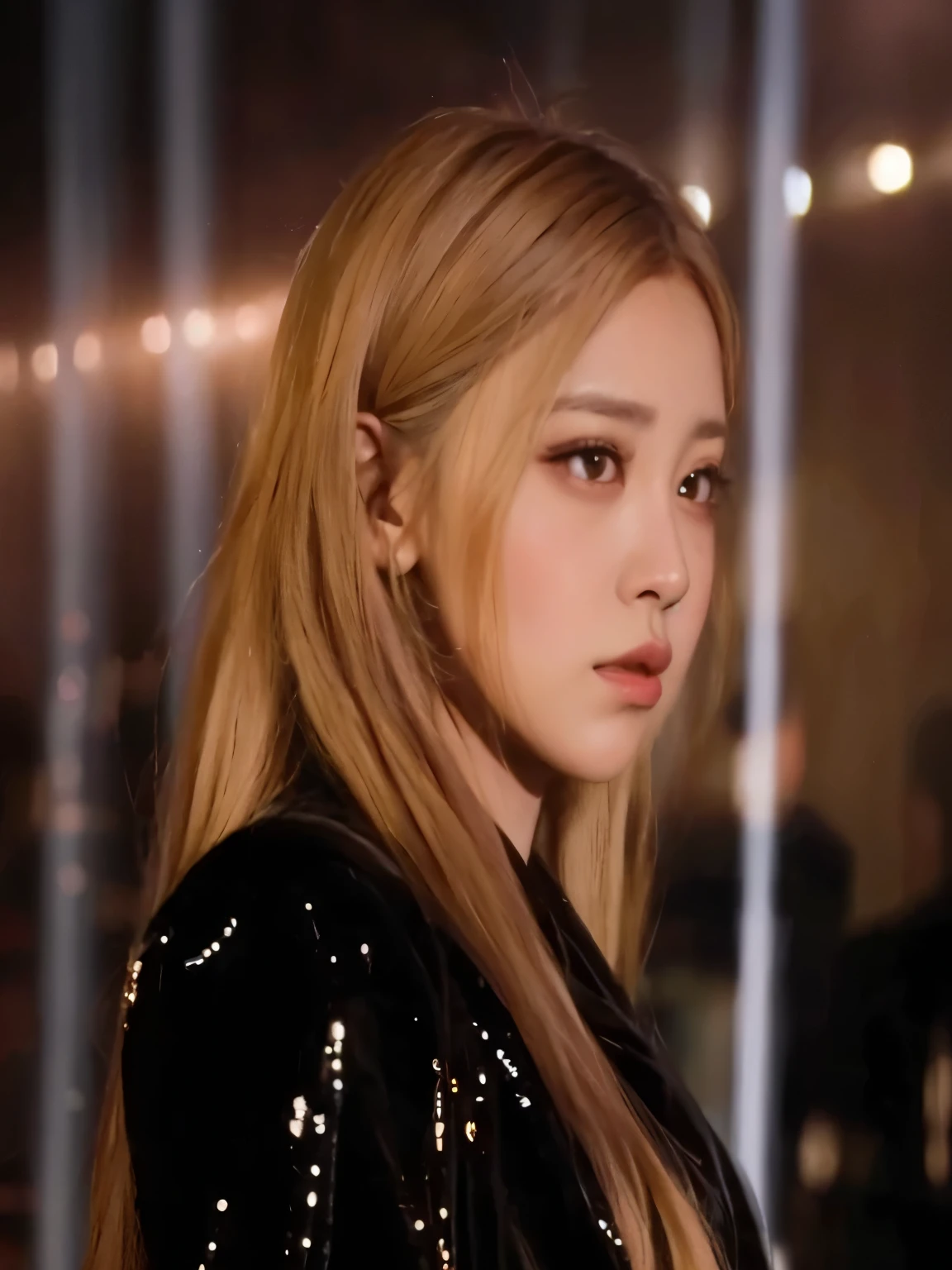 un primer plano de una mujer con cabello largo y rubio que llevaba una chaqueta negra, roseanne park of rosa negro, jossi of rosa negro, portrait of jossi of rosa negro, jisoo of rosa negro, jisoo from rosa negro, lalisa manoban of rosa negro, portrait jisoo rosa negro, cl, jia, tzuyu de dos veces, rosa negro, mirada de reojo, Korean idol woman portrait