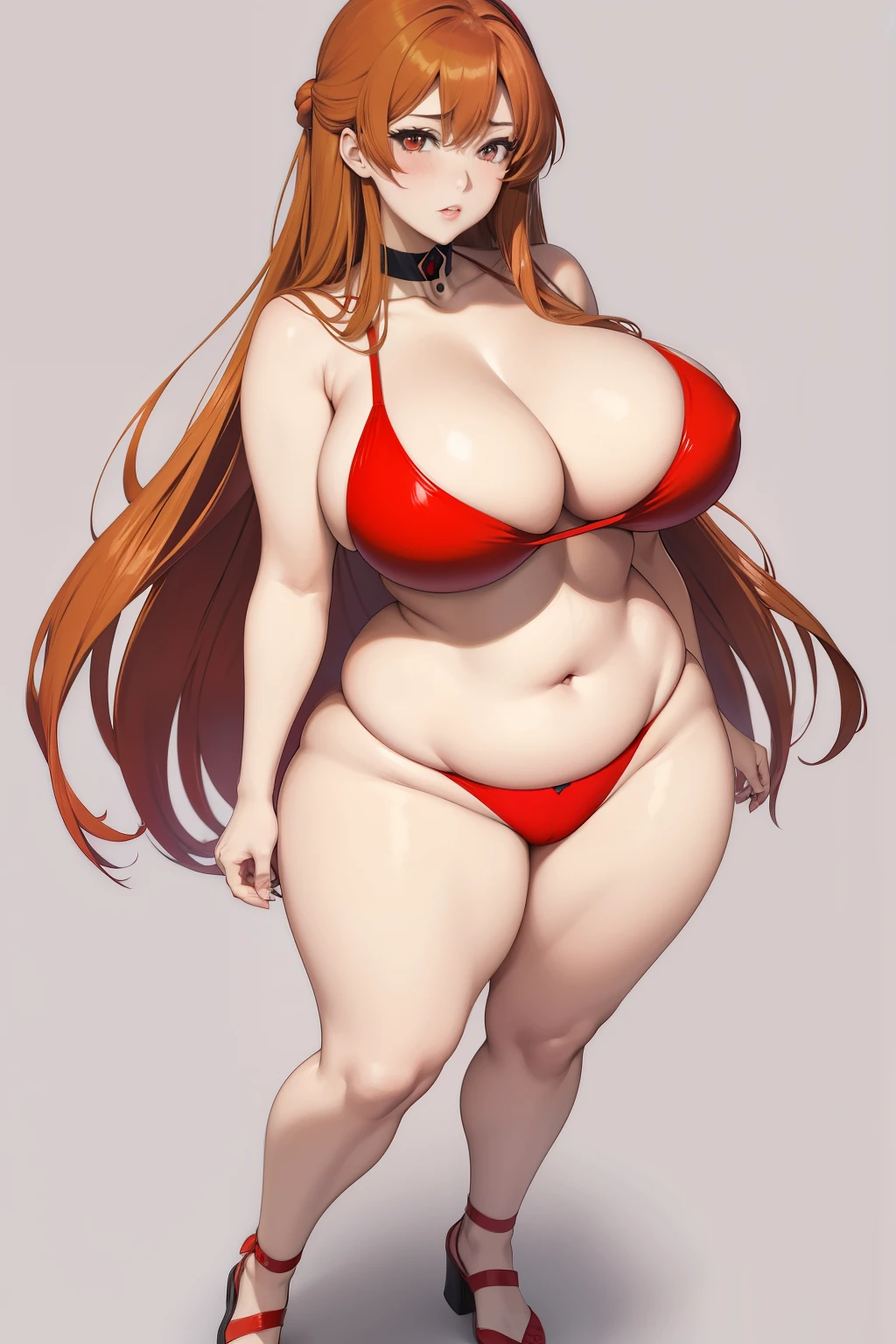 Full body portrait photo of anime bbw girl in red bikini with long hair and big breasts, very fat curvy body, wide waist and wide hips, round and beautiful face, very similar portrait of asuka langley Soryu, asuka langley, anime female characters, evangelion beautiful girl, that'Junji'Style, Asuka from Evangelion, cel shaded anime