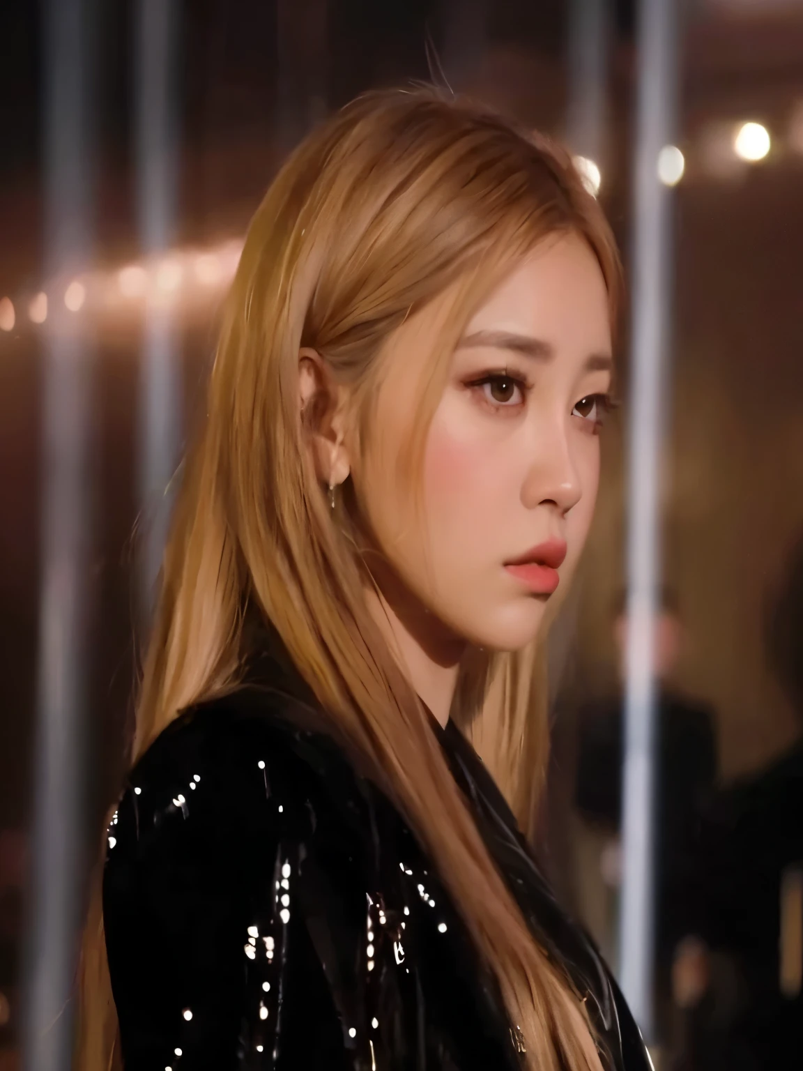 un primer plano de una mujer con cabello largo y rubio que llevaba una chaqueta negra, roseanne park of rosa negro, jossi of rosa negro, portrait of jossi of rosa negro, jisoo of rosa negro, jisoo from rosa negro, lalisa manoban of rosa negro, portrait jisoo rosa negro, cl, jia, tzuyu de dos veces, rosa negro, mirada de reojo, Korean idol woman portrait