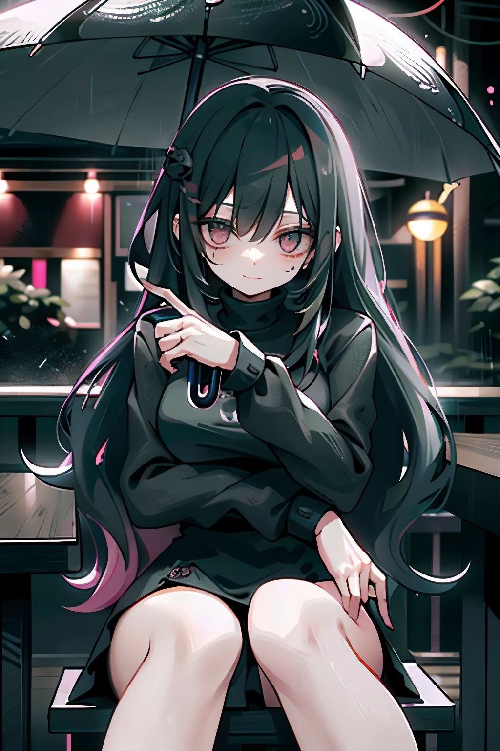 beautiful woman in black turtle neck sitting outside a fancy restaurant, dark pink long hair, night, raining and holding an umbrella, dark green, bad girl, evil, cute, happy