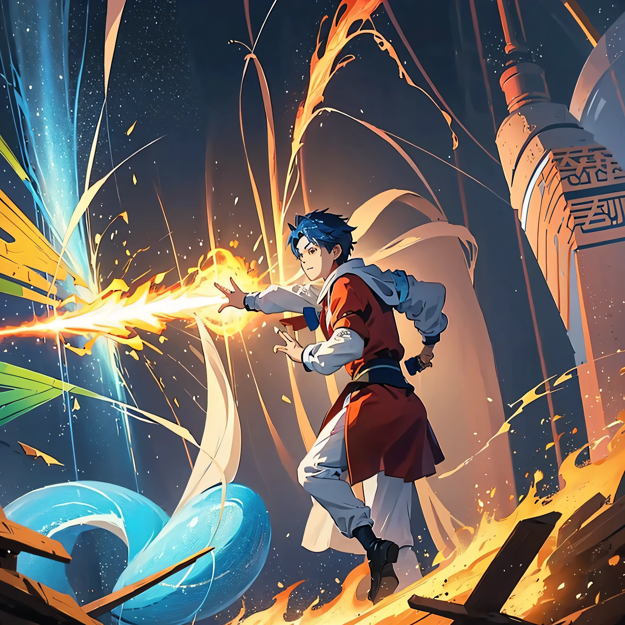 Draw 2D animated posters,The picture contains the protagonist Chen Fang, a man(Mature and steady、light cyan hair)。The seven elements include fire,water element,wind element,Earth element,thunder element light element,Dark elements,The author Chen shuttles between the real world and the two-dimensional world;With water、Mainly thunder type,Other elements should also be highlighted