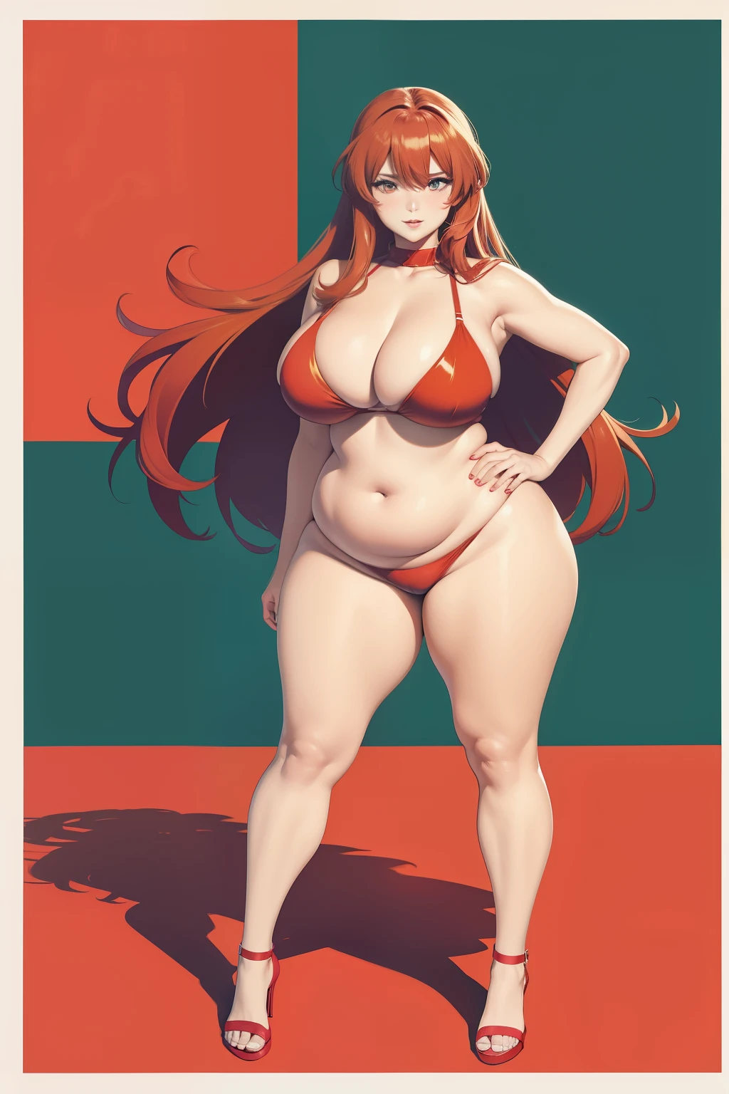 Full body portrait photo of anime bbw girl in red bikini with long hair and big breasts, very fat curvy body, wide waist and wide hips, round and beautiful face, very similar portrait of asuka langley Soryu, asuka langley, anime female characters, evangelion beautiful girl, that&#39;Junji&#39;Style, Asuka from Evangelion,  cel shaded anime