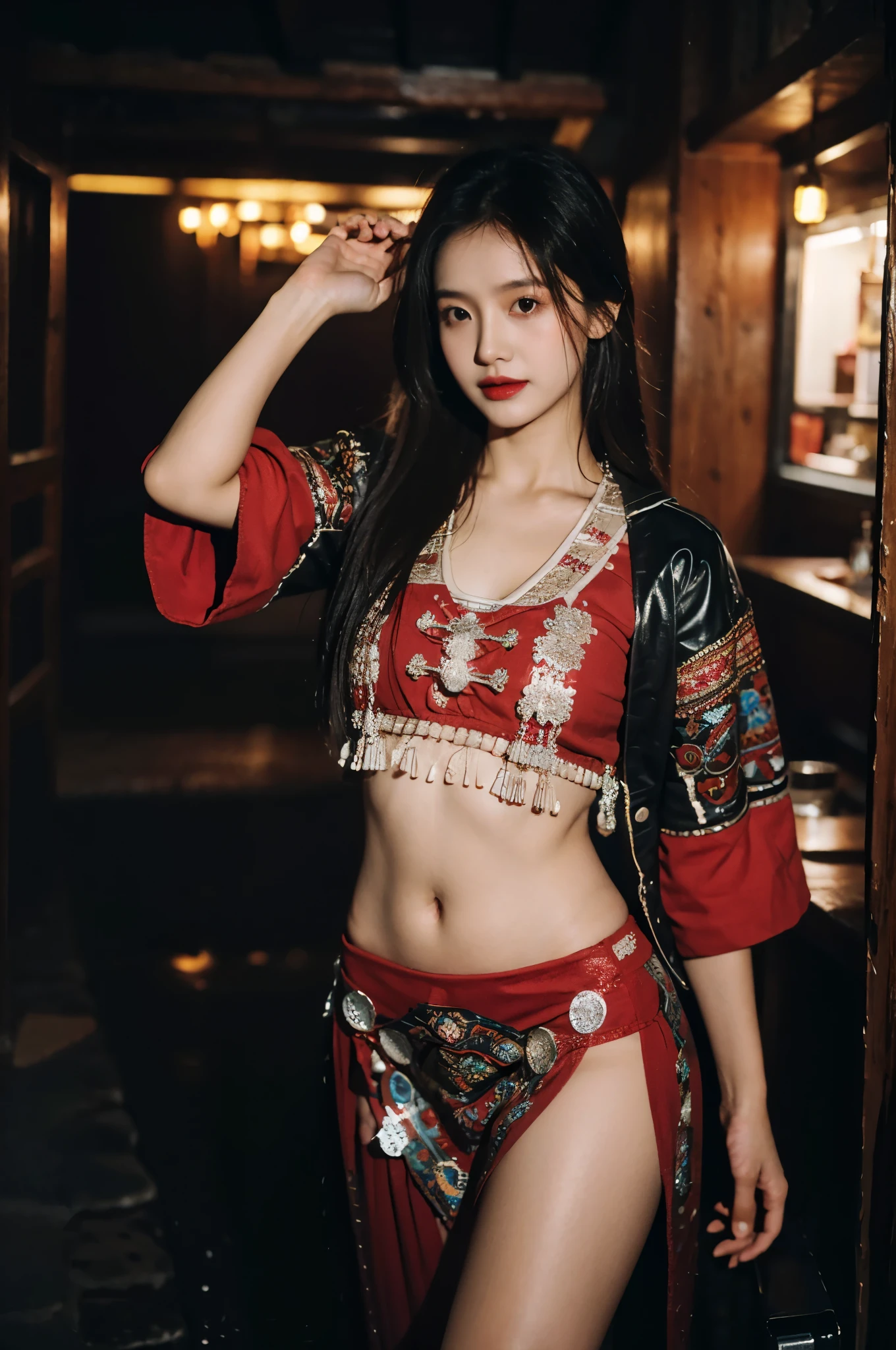 （Hyperrealistic,）4K,35mm，hyper-high detail, Professional lighting, Best quality, 超高分辨率, Visually stunning, (1girll:1.1), （Hmong clothing ）,realskin,（Perfect body 1.3）（Ultra-delicate face），Open navel