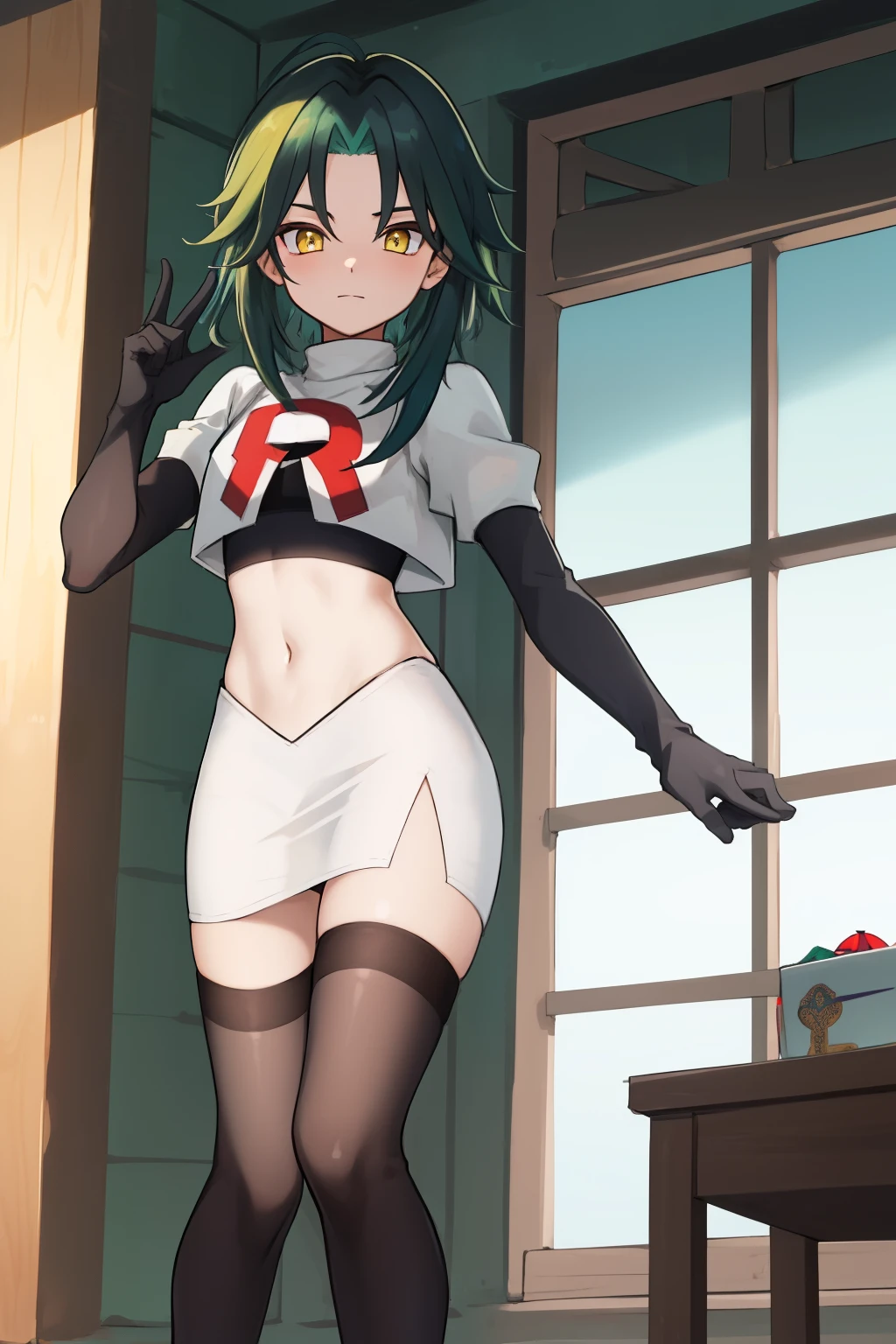 absurdres,xiao, 1boy, male focus, trap,green haired boy, yellow eyes, dead eyes, crossdressing,1boy,team rocket,team rocket uniform,white skirt,red letter R,crop top,black thigh-highs,black elbow gloves