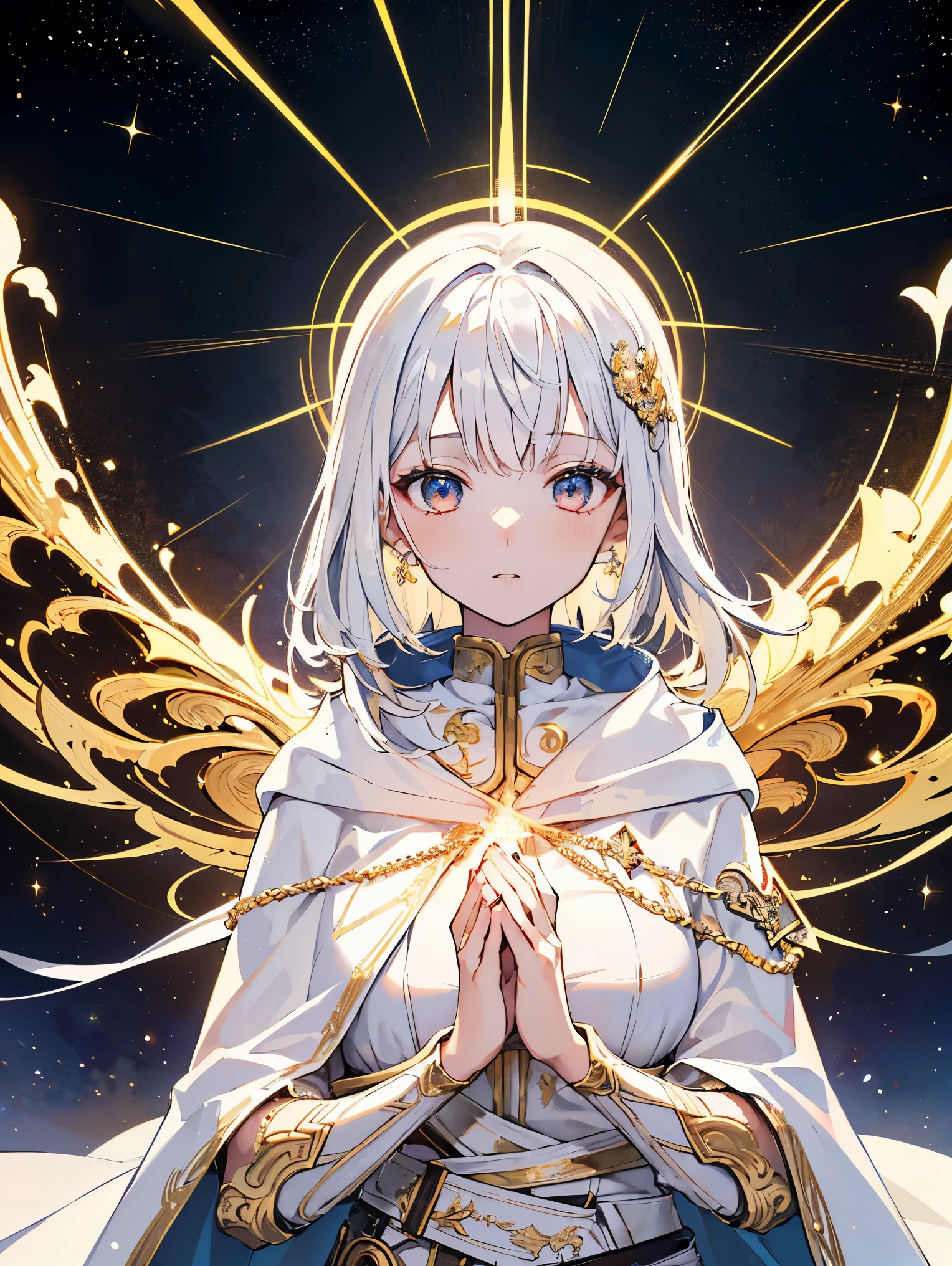 (masterpiece, highest quality, highest quality, official art, beautiful and aesthetic:1.2), (1 girl), very detailed, (fractal art:1.3), colorful, most detailed, perfect face, Upper body, HDR, (pray:1.3), (Golden lines in a white cloak:1.2), Milky Way, (Streaks of Light), impressive visuals, (dynamic streak, path of light:1.2), Bright colors,