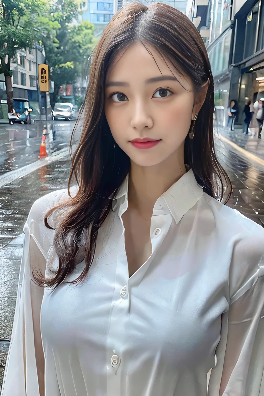 ((highest quality, 8k, masterpiece :1.3)), sharp focus :1.2, beautiful woman with perfect figure :1.4, thin abs :1.2, ((long hair, big breasts :1.2)), (Wet white button-up long shirt :1.1), (rain, street:1.2), wet body :1.5, Highly detailed face and skin texture, fine eyes, double eyelid,
