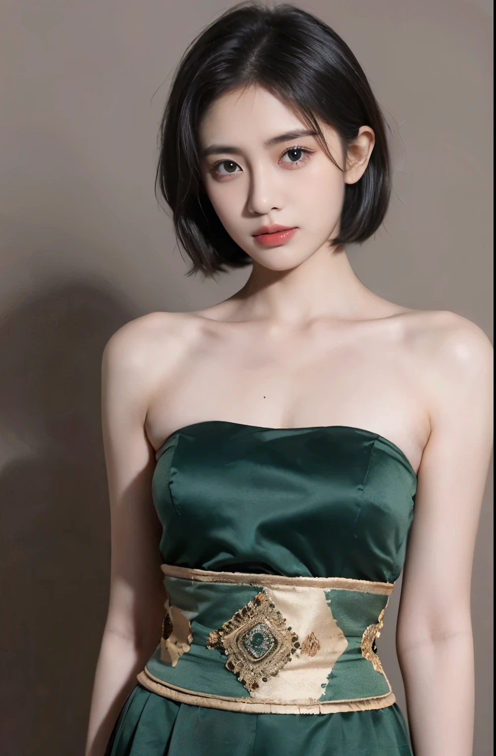 21yo girl, green hair, (Short Hair). Javanese traditional clothing, Gray background.