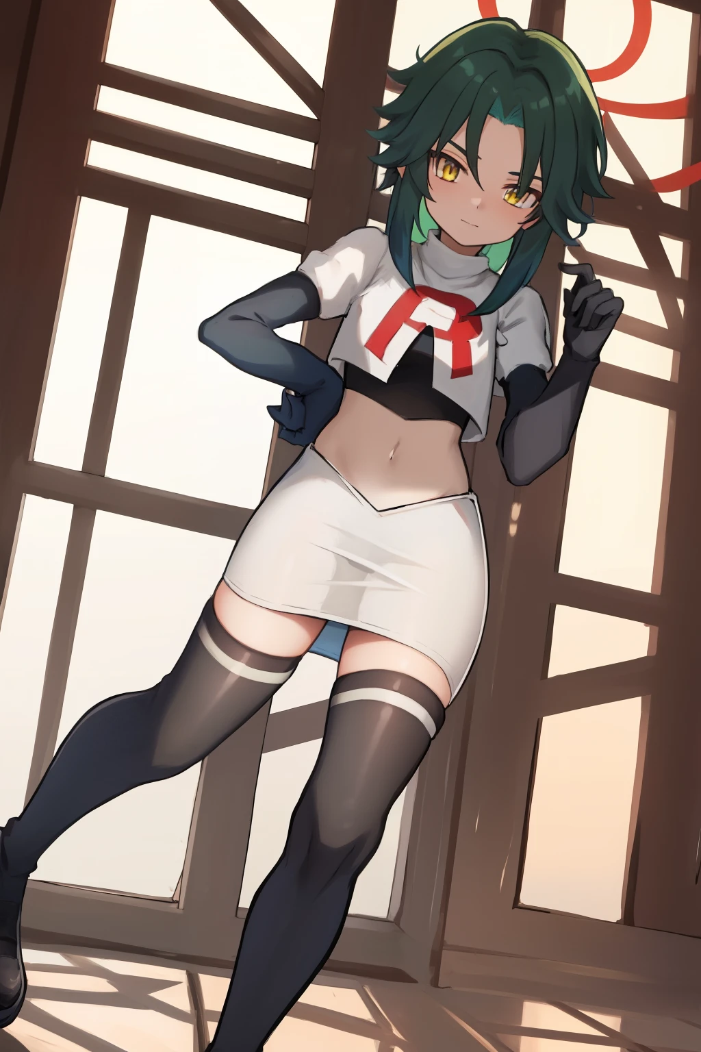 absurdres,xiao, 1boy, male focus, trap,green haired boy, yellow eyes, dead eyes, crossdressing,1boy,team rocket,team rocket uniform,white skirt,red letter R,crop top,black thigh-highs,black elbow gloves