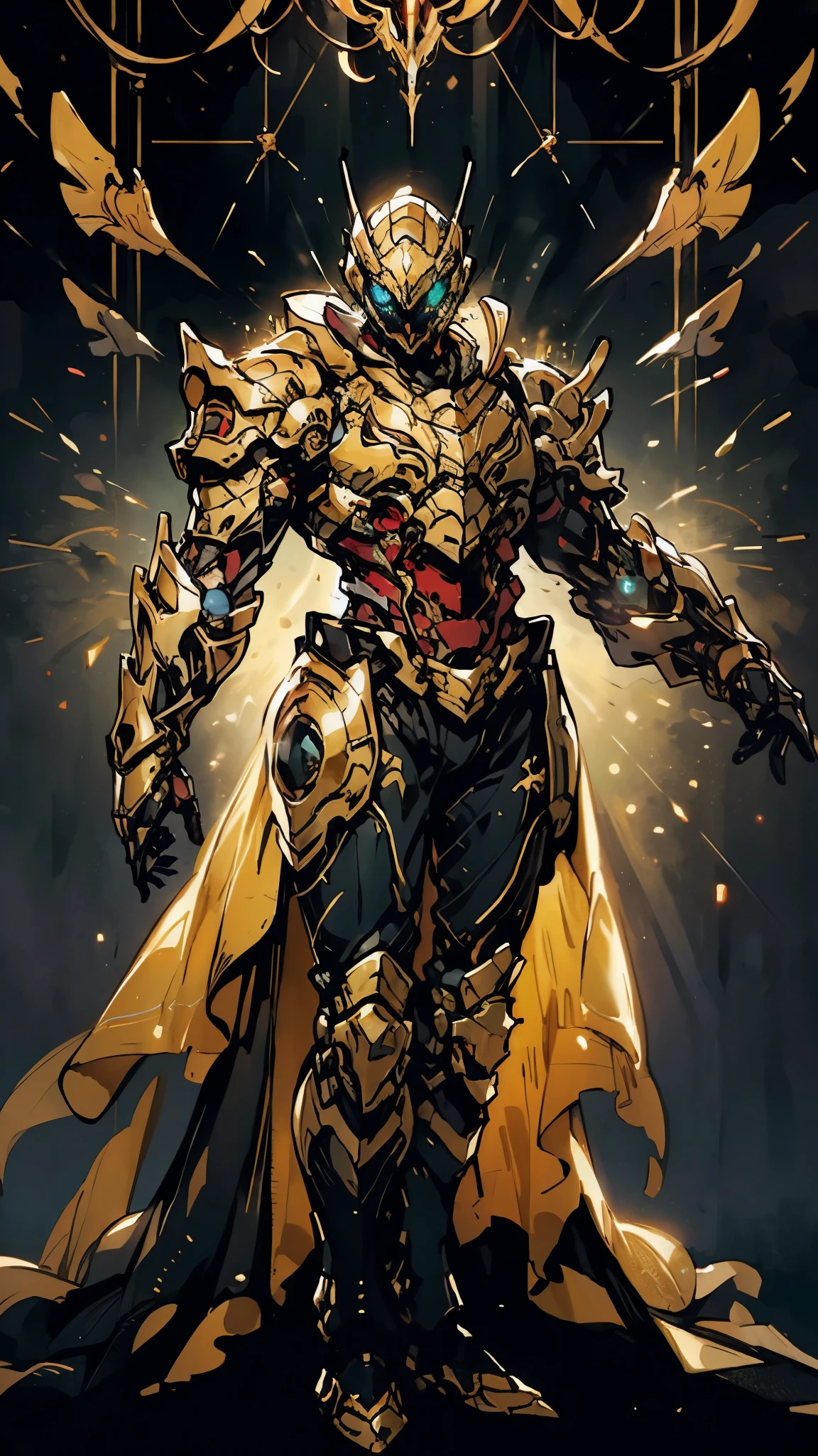 A woman adorned in fantasy-style full-body armor, a crown-concept fully enclosed helmet that unveils only her eyes, a composite layered chest plate, fully encompassing shoulder and hand guards, a lightweight waist armor, form-fitting shin guards, the overall design is heavy-duty yet flexible, (the armor gleams with a golden glow, complemented by red and blue accents), exhibiting a noble aura, she floats above a fantasy-surreal high-tech city, this character embodies a finely crafted fantasy-surreal style armored hero in anime style, exquisite and mature manga art style, (mixture of Queen bee and Spider concept Armor, plasma), ((Element, elegant, goddess, femminine:1.5)), metallic, high definition, best quality, highres, ultra-detailed, ultra-fine painting, extremely delicate, professional, anatomically correct, symmetrical face, extremely detailed eyes and face, high quality eyes, creativity, RAW photo, UHD, 32k, Natural light, cinematic lighting, masterpiece-anatomy-perfect, masterpiece:1.5