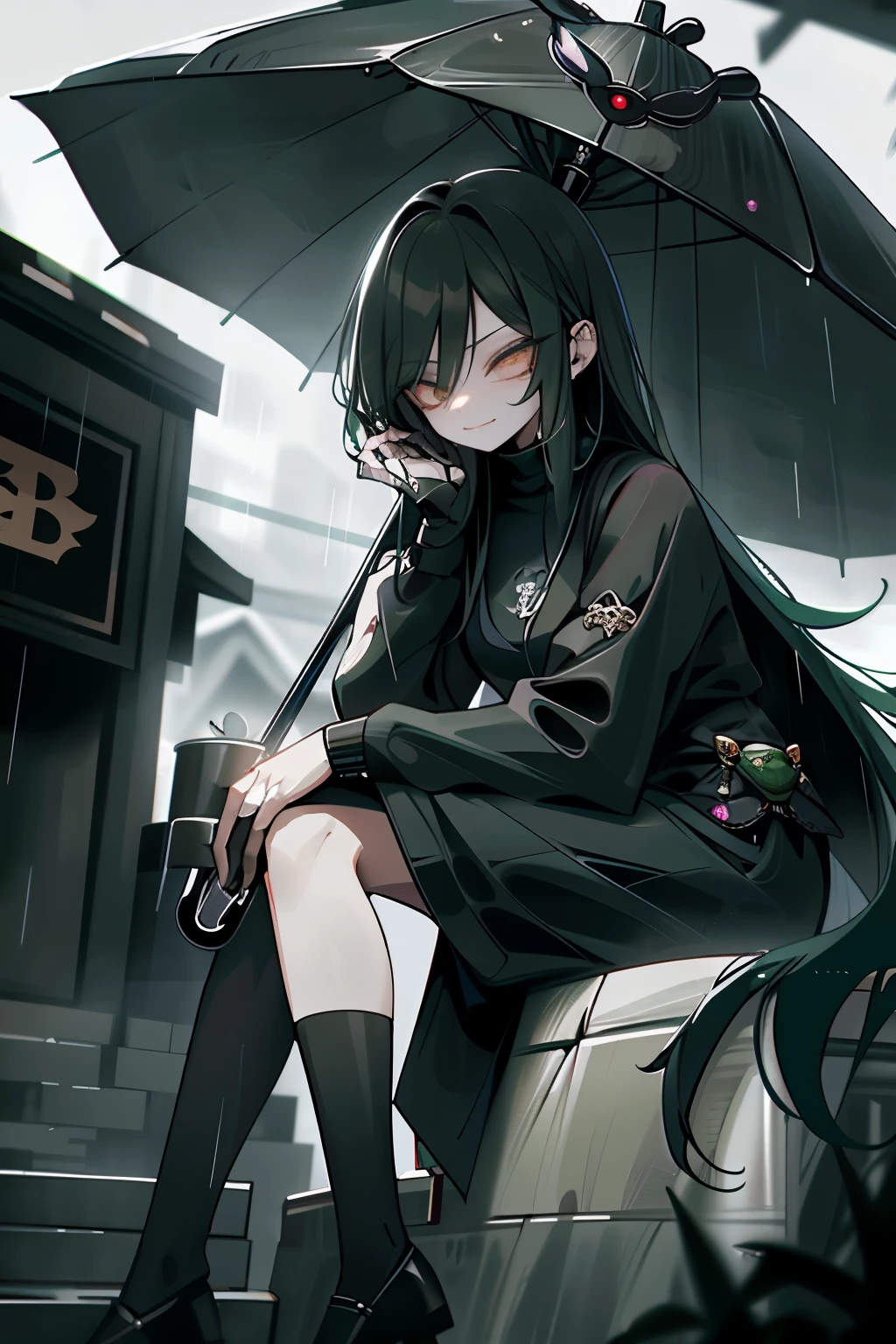 beautiful woman in black turtle neck sitting outside a fancy restaurant with umbrella, dark green long hair, night, raining, dark green, bad girl, evil, cute rizz smirk, deph filled
