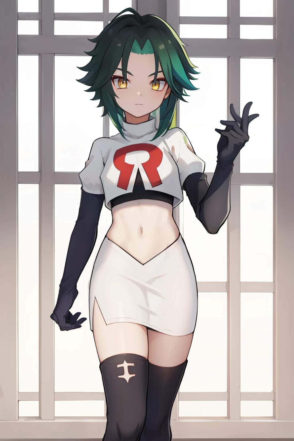 absurdres,xiao, 1boy, male focus, trap,green haired boy, yellow eyes, dead eyes, crossdressing,1boy,team rocket,team rocket uniform,white skirt,red letter R,crop top,black thigh-highs,black elbow gloves