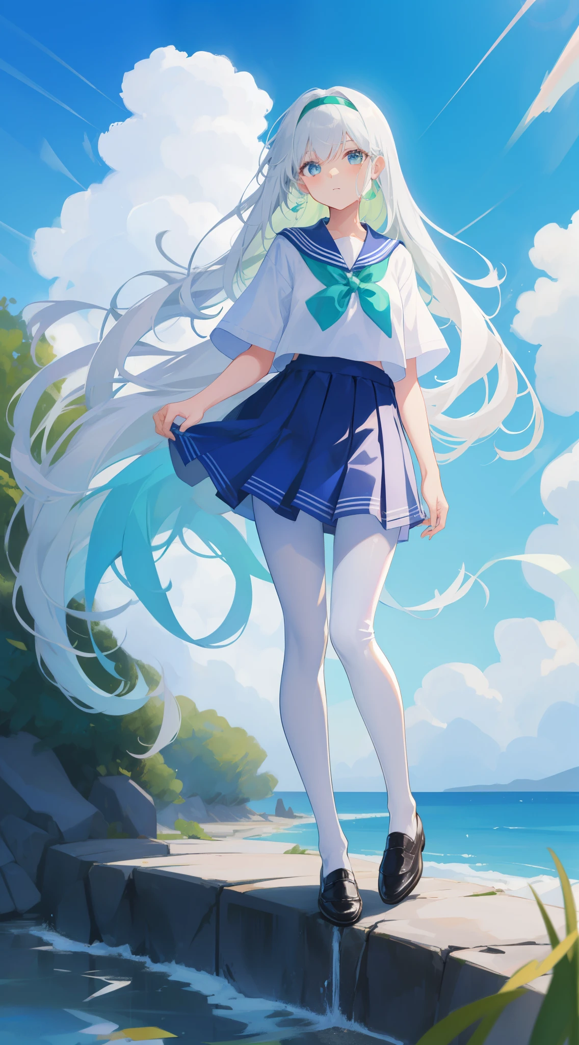 white hair,long hair,Bangs,Bangs整齐,green hair band,gray eyes,girl,Lovely,Body is very thin, JK sailor suit,White silk pantyhose,Wear small leather shoes on your feet,whole body,stand on the ground,Does not expose fingers,The background is blue sky and white clouds