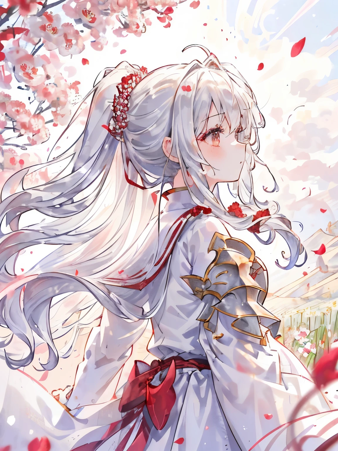 girl,Fluffy and curly hair,(Silvery shiny hair:1.2),ponytail,(Noble knight appearance:1.3),(profile:1.4),(Side view:1.3),Hair and clothes blowing in the wind,(The fluttering hem of clothes),(Flower field with a large amount of red and white petals),(朧月:1.4),((angle from below:1.2)),(close up of face:1.2).