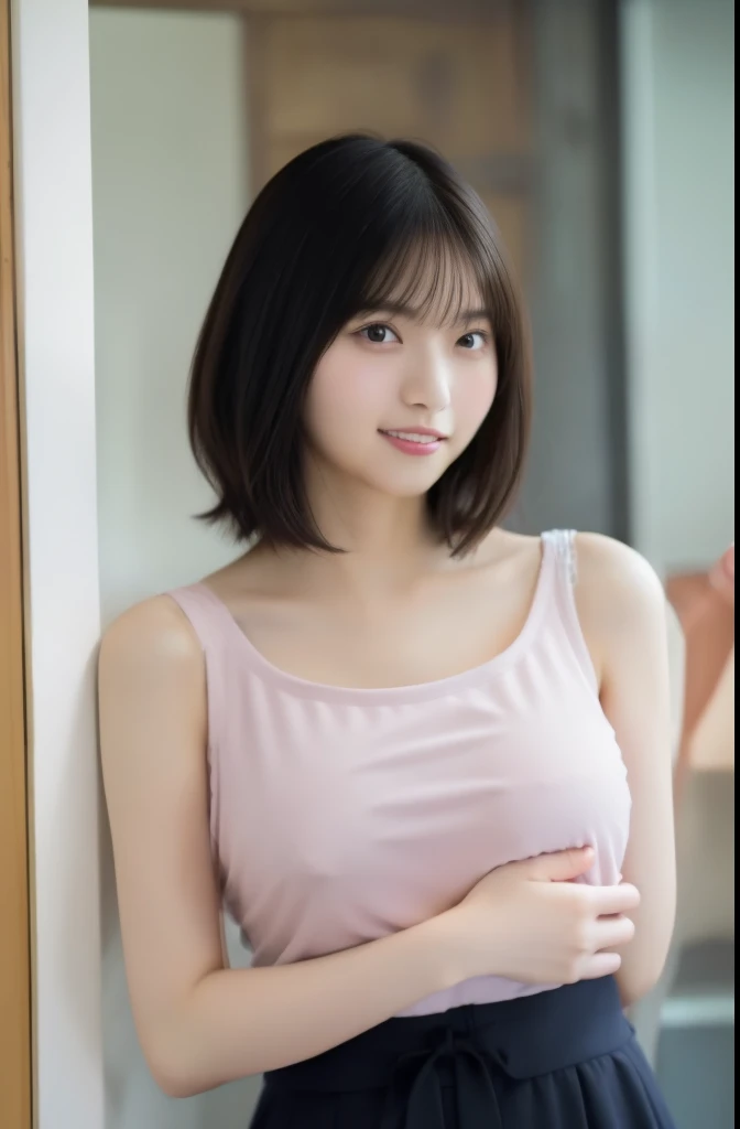 ((8k:1.27、highest quality、masterpiece、Super high resolution:1.2))、 cute japanese woman, 20&#39;s、(beautiful feces:1.1)、1 girl、High School Teacher、white knitwear、Flared skirt in pink color、Attractive erotic panties、(big breasts:1.8)、cleavage、seductive hips,black hair、Clear black eyes、short hair、Beautiful woman、high school classroom、evening、enchanting smile、beautiful skin、Wonderfully beautiful limbs、Hand 5 fingers、professional lighting、professional photography、