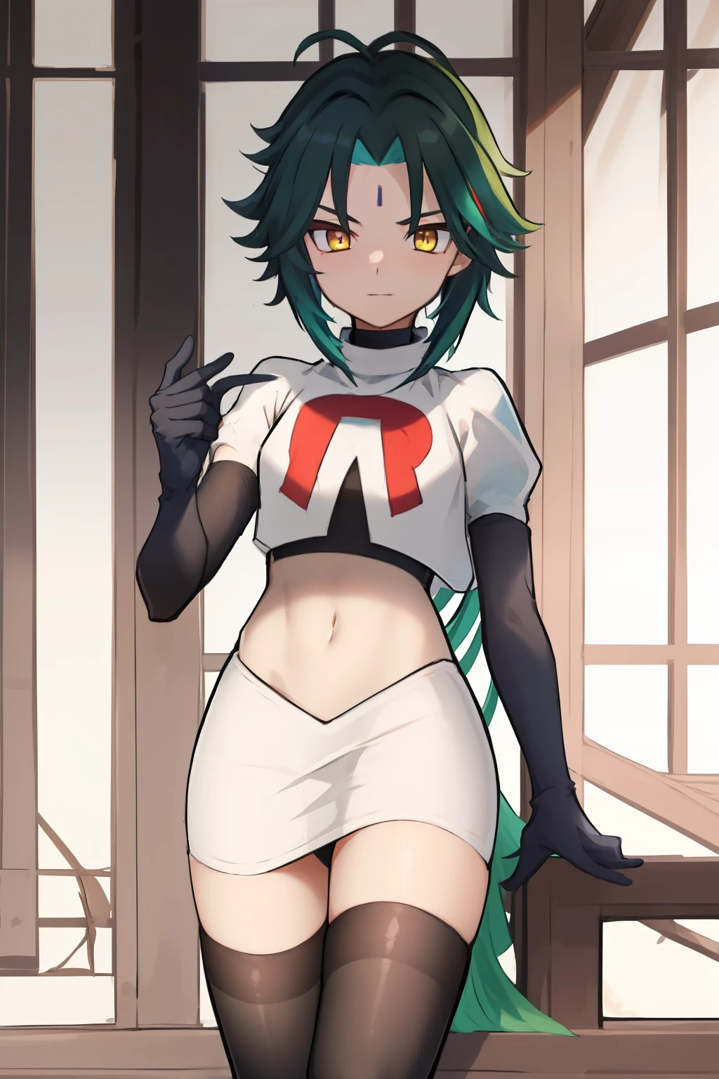 absurdres,xiao, 1boy, male focus, trap,green haired boy, yellow eyes, dead eyes, small gem on forehead,crossdressing,1boy,team rocket,team rocket uniform,white skirt,red letter R,crop top,black thigh-highs,black elbow gloves