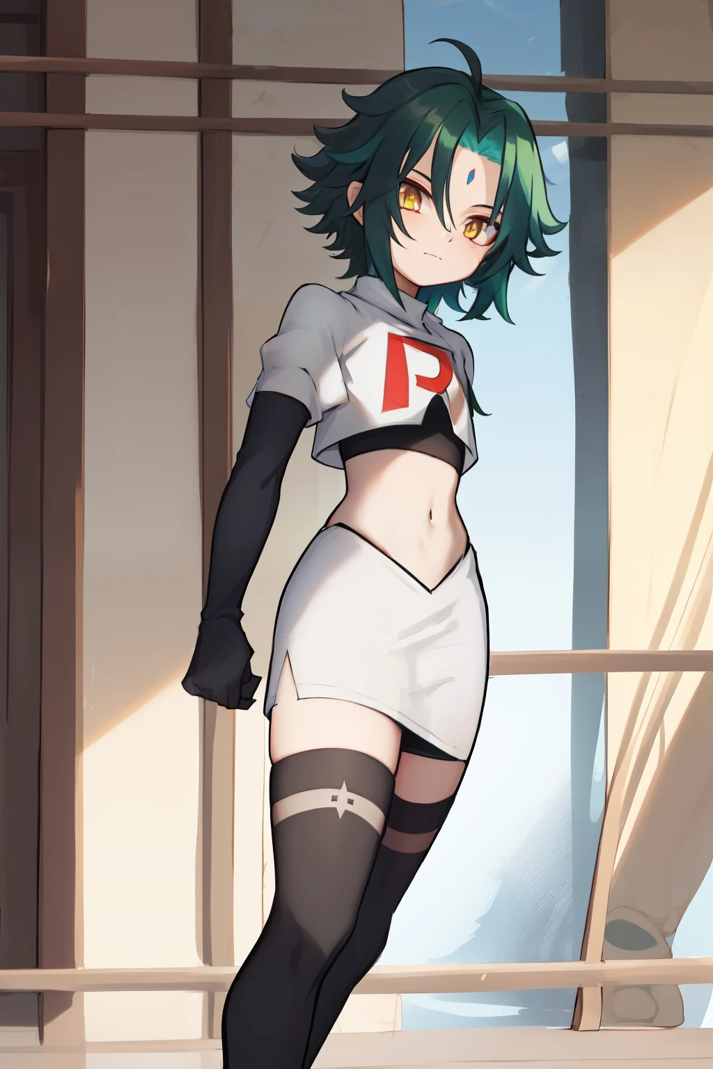 absurdres,xiao, 1boy, male focus, trap,green haired boy, yellow eyes, dead eyes, small gem on forehead,crossdressing,1boy,team rocket,team rocket uniform,white skirt,red letter R,crop top,black thigh-highs,black elbow gloves