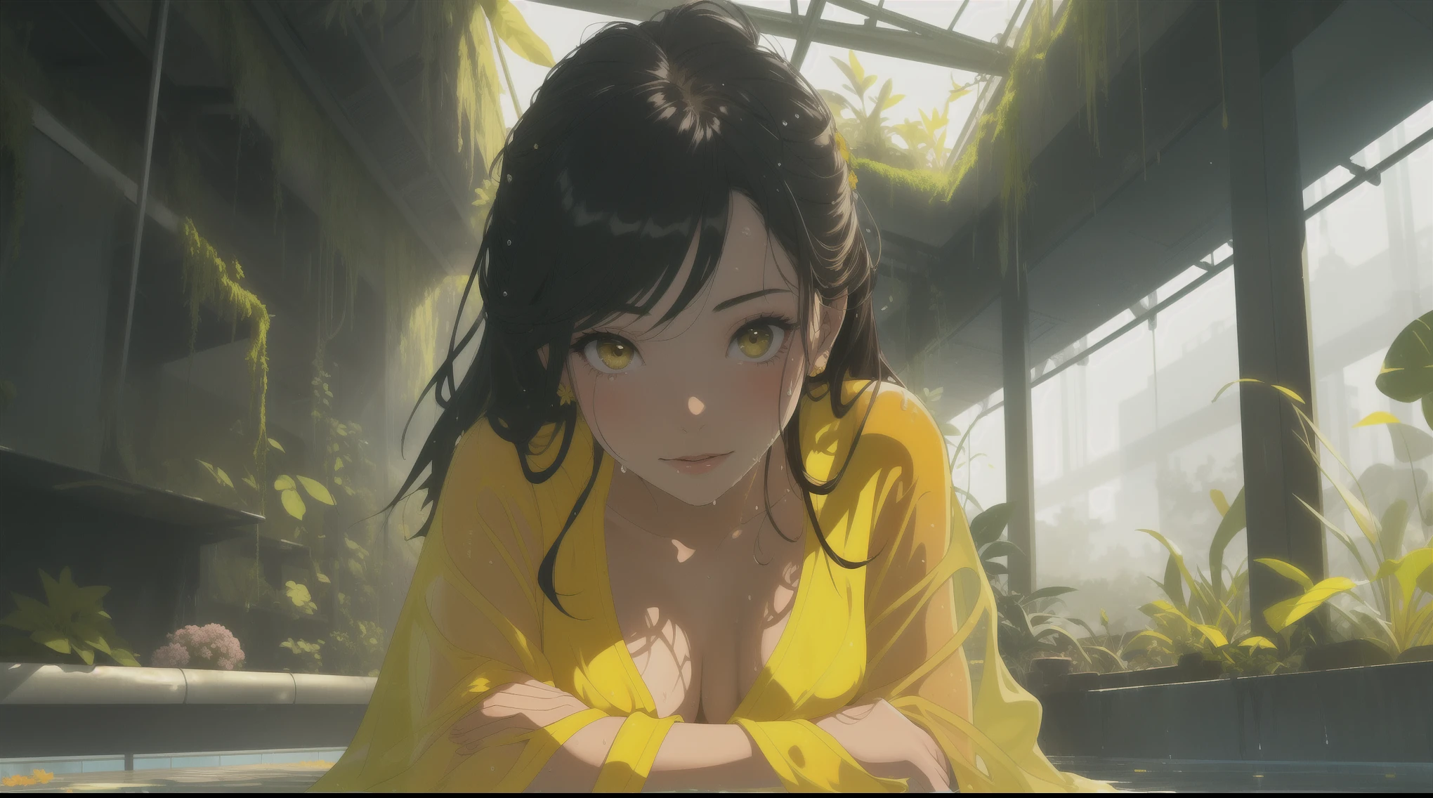 1girl, beautiful woman, she is sitting in abandoned metallic Framing Construction with water floor and moss and humid and plant and colorful flowers garden, wet, wettings, sunlit, blue sky, (close up), yellow fashion, face focus, (transparent yellow bathrobe, naked)