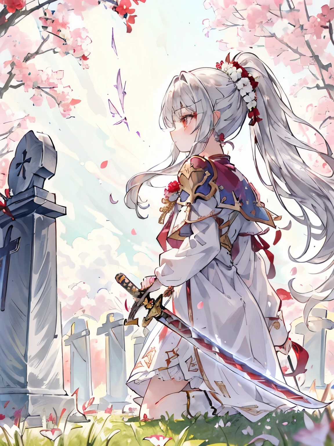 girl,Fluffy and curly hair,(Silvery shiny hair:1.2),ponytail,(Noble knight appearance:1.3),(profile:1.4),(Side view:1.3),Hair and clothes blowing in the wind,(The fluttering hem of clothes),(Flower field with a large amount of red and white petals),(朧月:1.4),((angle from below:1.2)),(close up of face:1.2),((A richly decorated grave marker:1.3)),((A large sword stuck in front of a grave marker:1.25))