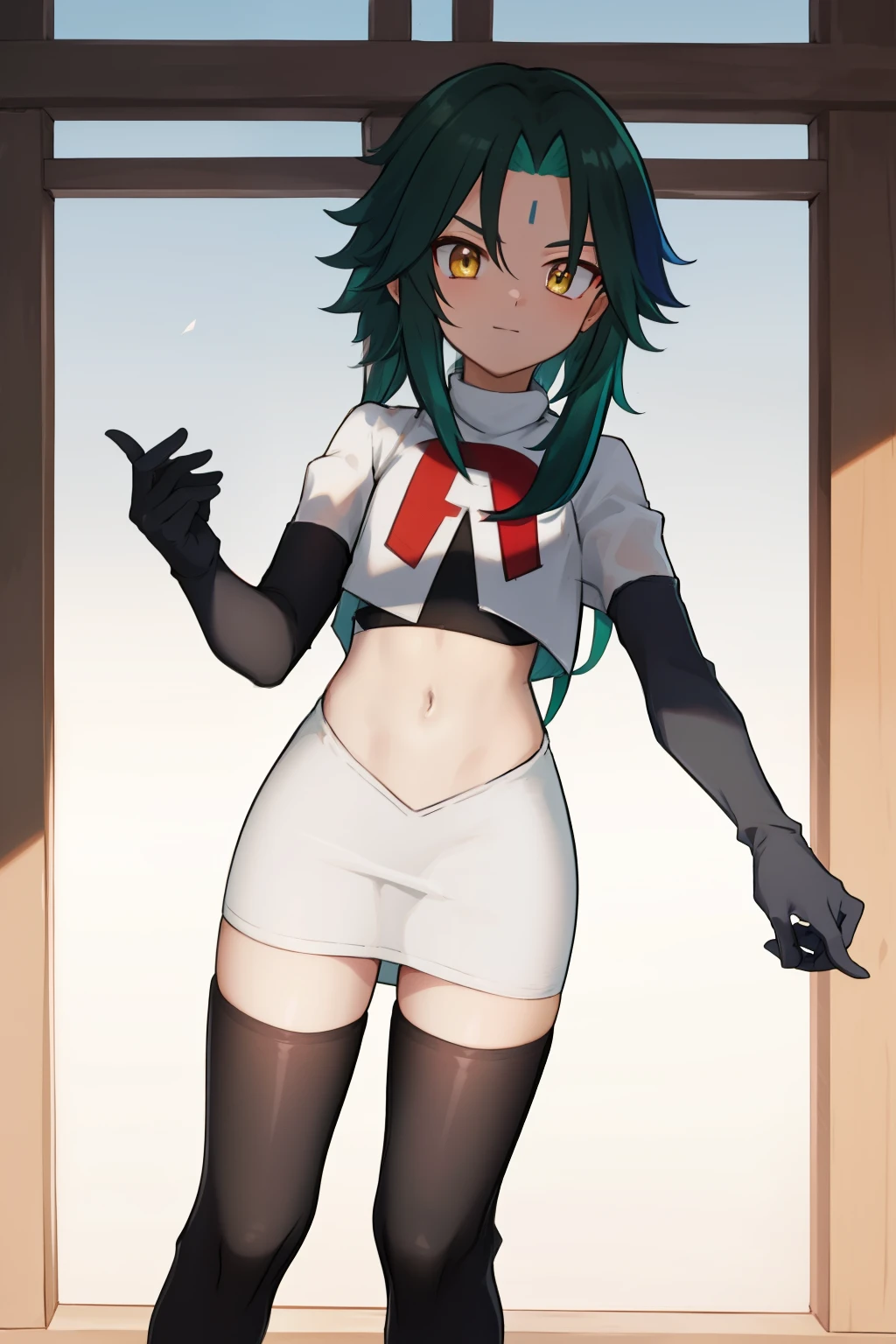 absurdres,xiao, 1boy, male focus, trap,green haired boy, yellow eyes, dead eyes, small gem on forehead,crossdressing,1boy,team rocket,team rocket uniform,white skirt,red letter R,crop top,black thigh-highs,black elbow gloves