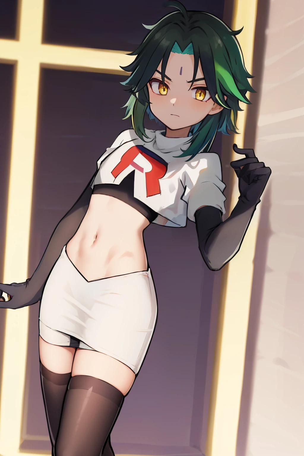 absurdres,xiao, 1boy, male focus, trap,green haired boy, yellow eyes, dead eyes, small gem on forehead,crossdressing,1boy,team rocket,team rocket uniform,white skirt,red letter R,crop top,black thigh-highs,black elbow gloves