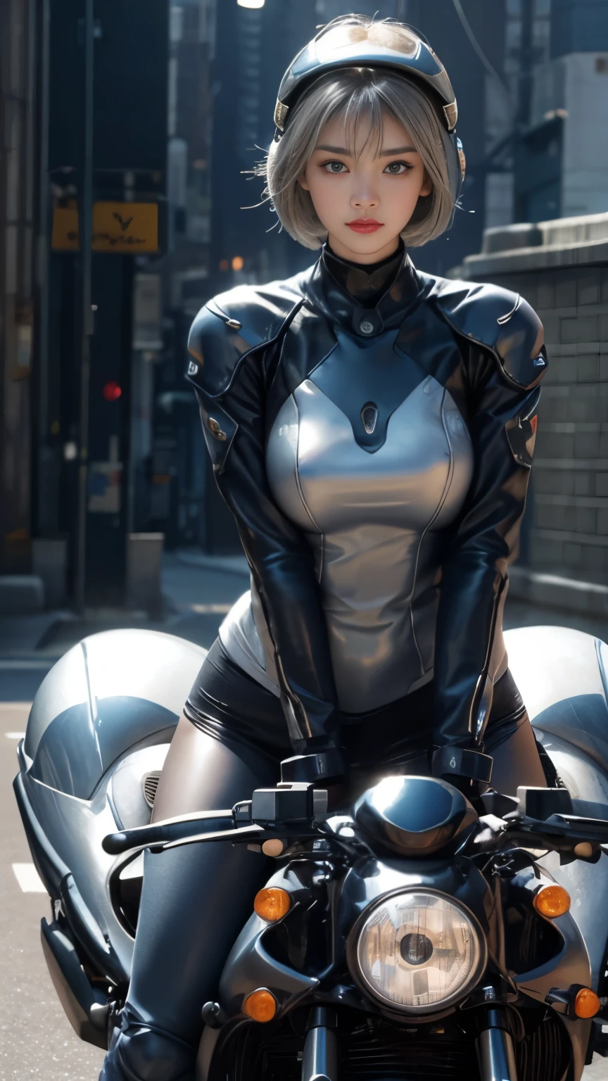 Highest image quality, outstanding details, ultra-high resolution, (realism: 1.4), the best illustration, favor details, highly condensed 1girl, with a delicate and beautiful face, dressed in a silver and blue mecha, wearing a mecha helmet, cool beauty,tall girl,short hair,silver hair,Precisely expresses details such as face and skin texture,beautiful eye, double eyelid,delicate skin,slender body shape,alone,big breasts,holding a directional controller, riding on a motorcycle, the background is a high-tech lighting scene of the future city.