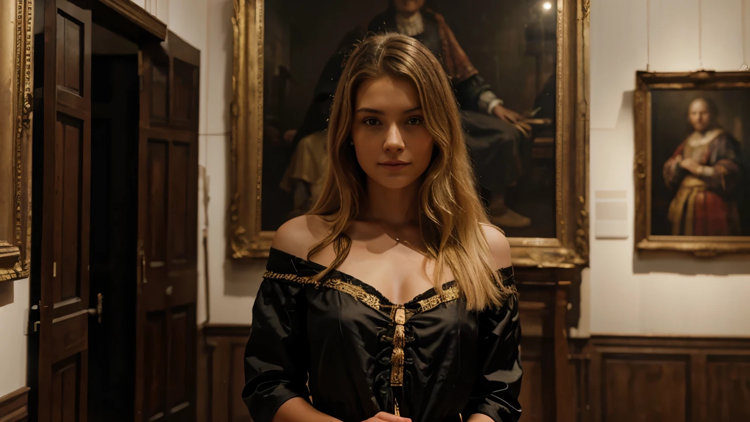 Hyperrealistic blonde girl, standing, showing a Rembrandt painting to the camera, near her there is a table and several brushes and paints, full length, in the exhibition hall of a museum, behind her a detail of a Rembrandt painting and HD texture, (happy, happy), black dress with gold details, analog, looking at viewer, skin texture, film grain, close-up, ultra high resolution, best shadow, RAW, Instagram LUT, (( whole body )))
