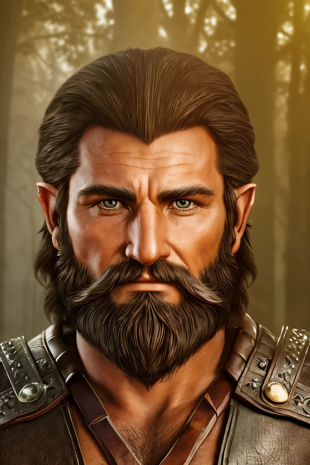 hyper-realistic portrait, half-elf with striking orange eyes, short rough beard adorned with tiny intricate Viking beads. Slightly pointed ears and a stern, masculine expression, conveying a sense of wisdom, curiosity and drive. His physic is a strong lean muscular build. He is dressed in earth-toned medieval leather that is worn to almost look like dark tree bark with a hint of green, and his attire includes a leather vest and a detailed, embossed chest strap crossing over it. The background should be a softly blurred forest, suggesting his deep connection with nature