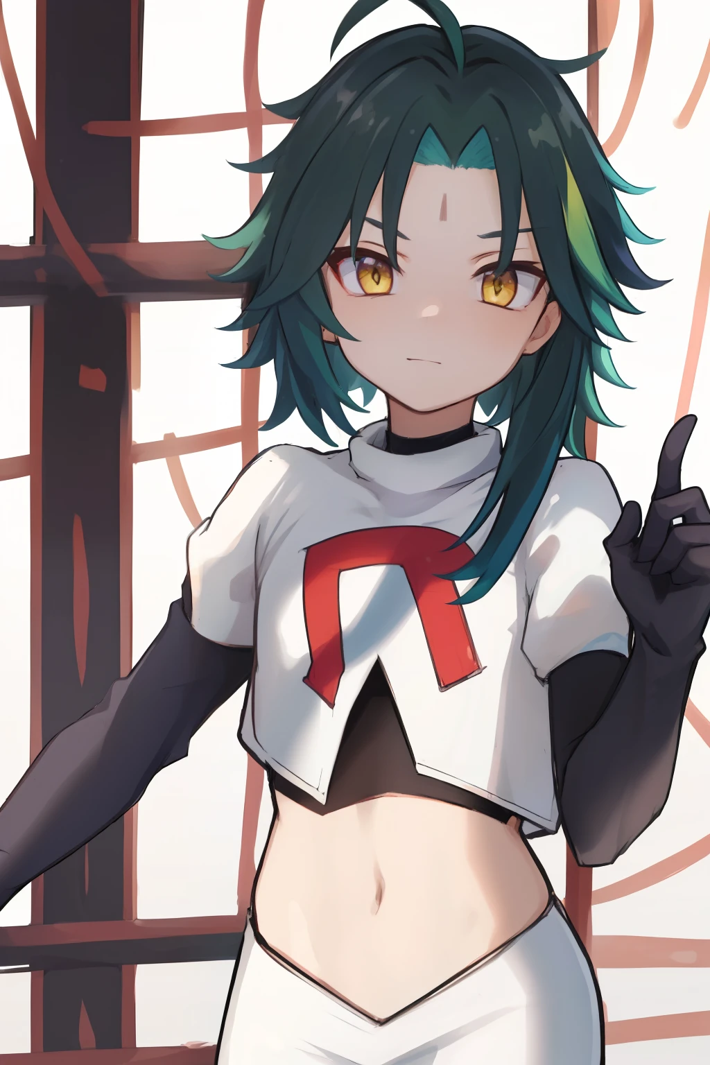 absurdres,xiao, 1boy, male focus, trap,green haired boy, yellow eyes, dead eyes, small gem on forehead,crossdressing,1boy,team rocket,team rocket uniform,white skirt,red letter R,crop top,black thigh-highs,black elbow gloves