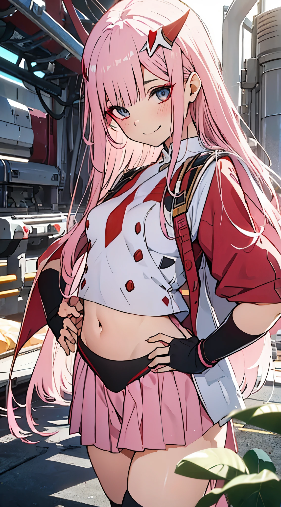 beautiful illustration、top-quality、Cute s、bedroom、pink-haired、lenght hair, red color eyes、(((pink pleated skirt)))、(((white sailor suit))), clothes covering full body、shortsleeves、a navel、bare-legged、on the beds、lovely thighs、glowing thigh, 1girl, bangs, biting, blush, covered navel, eyeshadow, hair behind head, hand on hip, smile, long hair, looking at viewer, makeup, pilot suit, red eyeshadow, science fiction, skin tight, solo, ((masterpiece)),camel toe, (breast:0.6), 8k, (thick thighs:1.3), beautiful, trap, futa, zero two, small horns