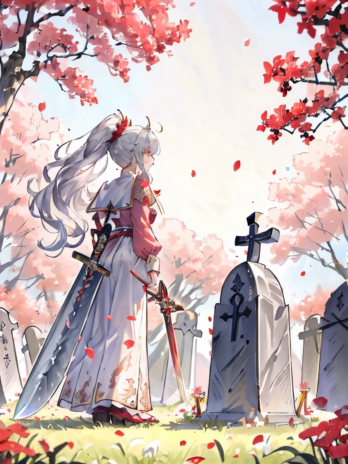 girl,Fluffy and curly hair,(Silvery shiny hair:1.2),ponytail,(Noble knight appearance:1.3),(profile:1.4),(Side view:1.3),Hair and clothes blowing in the wind,(The fluttering hem of clothes),(Flower field with a large amount of red and white petals),(朧月:1.4),((angle from below:1.2)),((A richly decorated grave marker:1.3)),((A large sword stuck in front of a grave marker:1.25))