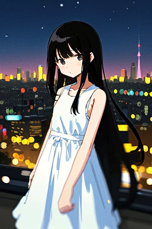 illustration/ 1 👧➕🙂/ upper body/ Eye's➕🌌/ looking at viewer/ (Fine and straight long hair➕Black hair)/ The background can be seen between the fine hair/ thin line/ collarbone/ white dress/ sleeveless/ Simple clothes without decoration/ Delicately detailed and delicately drawn, Roughly drawn lines/ Roughly painted colors/ (🏙️➕🌃:1.2)/ Bokeh/ Blurred Backgrounds/ depth of field/ Aerial perspective/ Roughly simplified and drawn background/